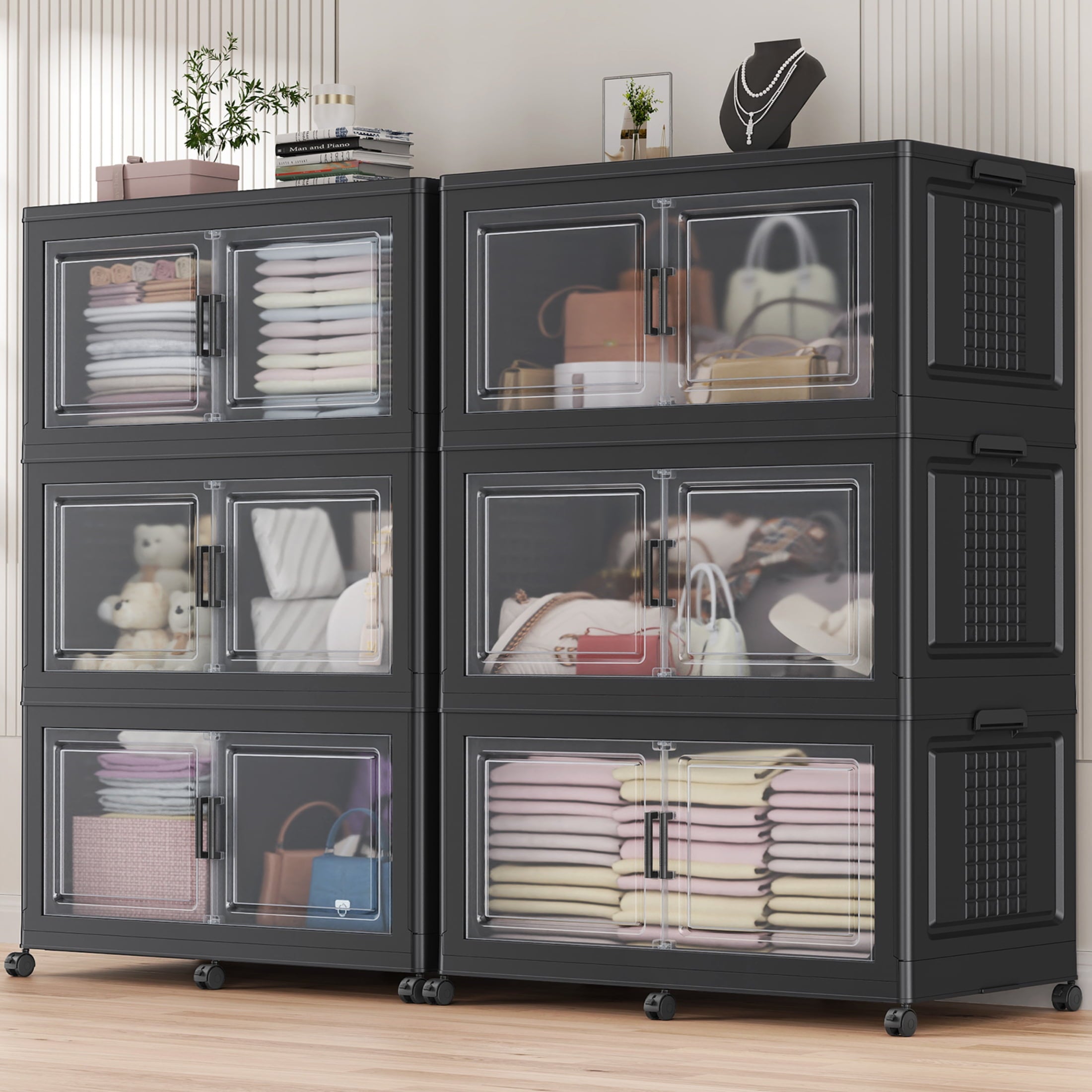 Broview 300Gal Extra Large Stackable Storage Bins with 2 Lids and 12 Wheels, 6Pack Plastic Bins with 6 Dividers, Closet Organizers and Storage Cabinet Shelves Collapsible Box for Home Office, Black