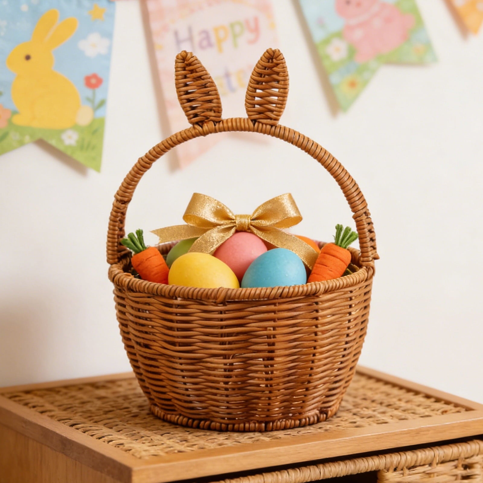 Easter Basket with Bunny Ears, Woven Plastic Rattan Storage Bin for Home Decor, Kitchen Organization, Flower Arrangements & Party - Pink, 10.63x6.69x5.51 in