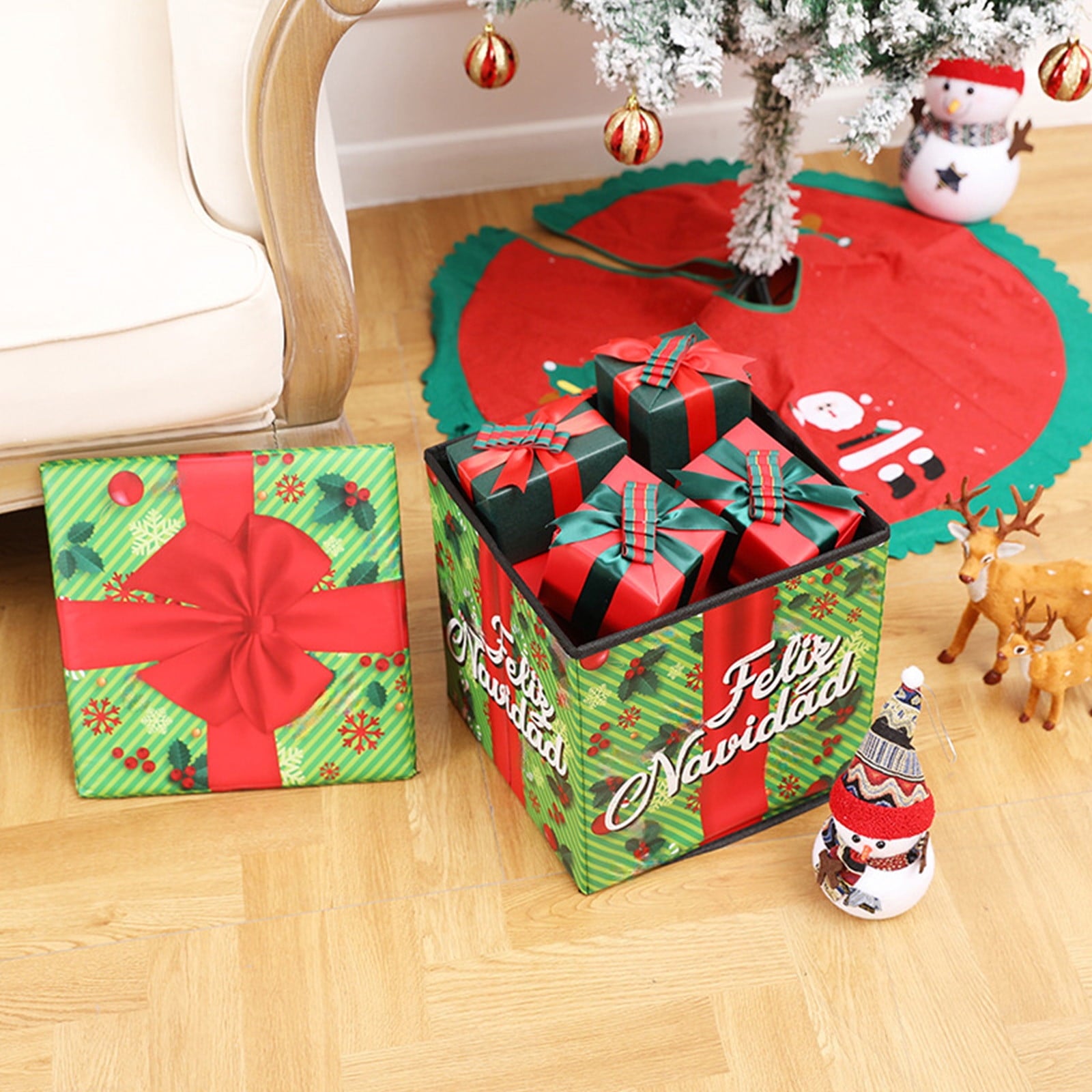 Christmas Storage Stool - Foldable Non-Woven Multi-Purpose Seat, Ki-ds Toy & Holiday Decor Storage Box, Space-Saving Easy-to-Clean Christmas Gift for Home Under Tree