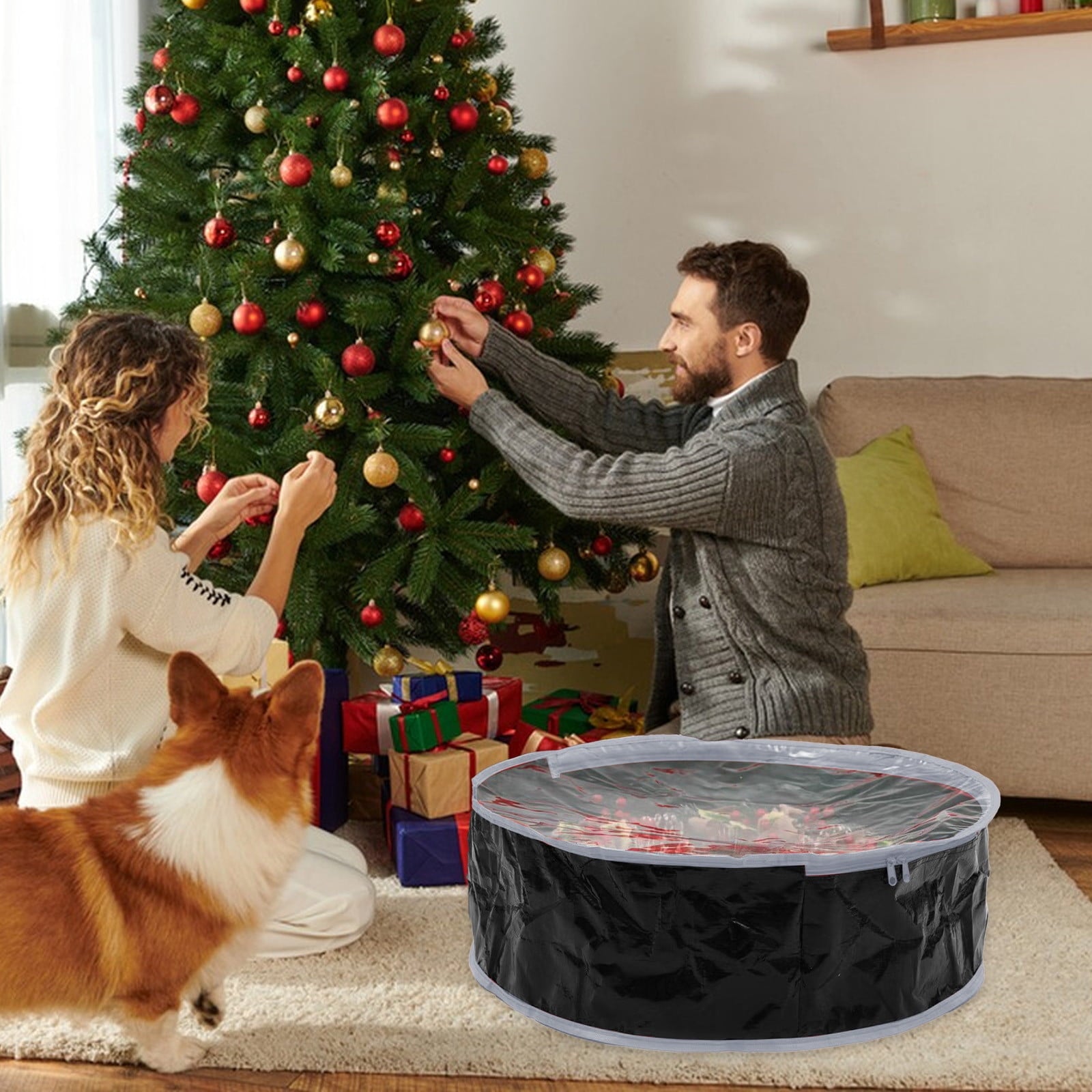 Christmas Wreath Storage Bag Clear Wreath Box Wreath Storage Containers with Clear Window and Zipper & Handle Tear Proof Fabric Xmas Garland Storage Containers for Xmas Holiday Seasonal Storag