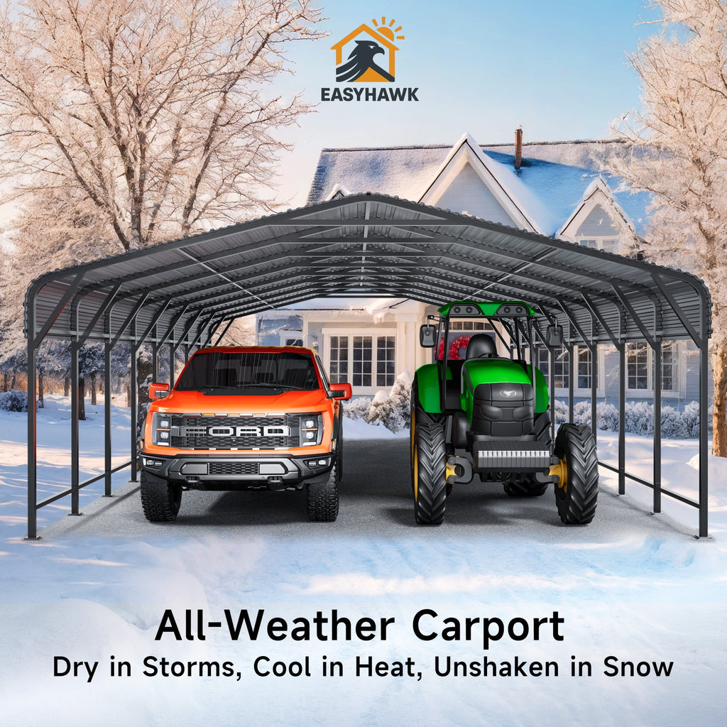 EasyHawk 20 ft x 30 ft Galvanized Steel Outdoor Carport with Steel Frame, Metal Vehicle Shelter for Car, Truck, or Equipment Storage