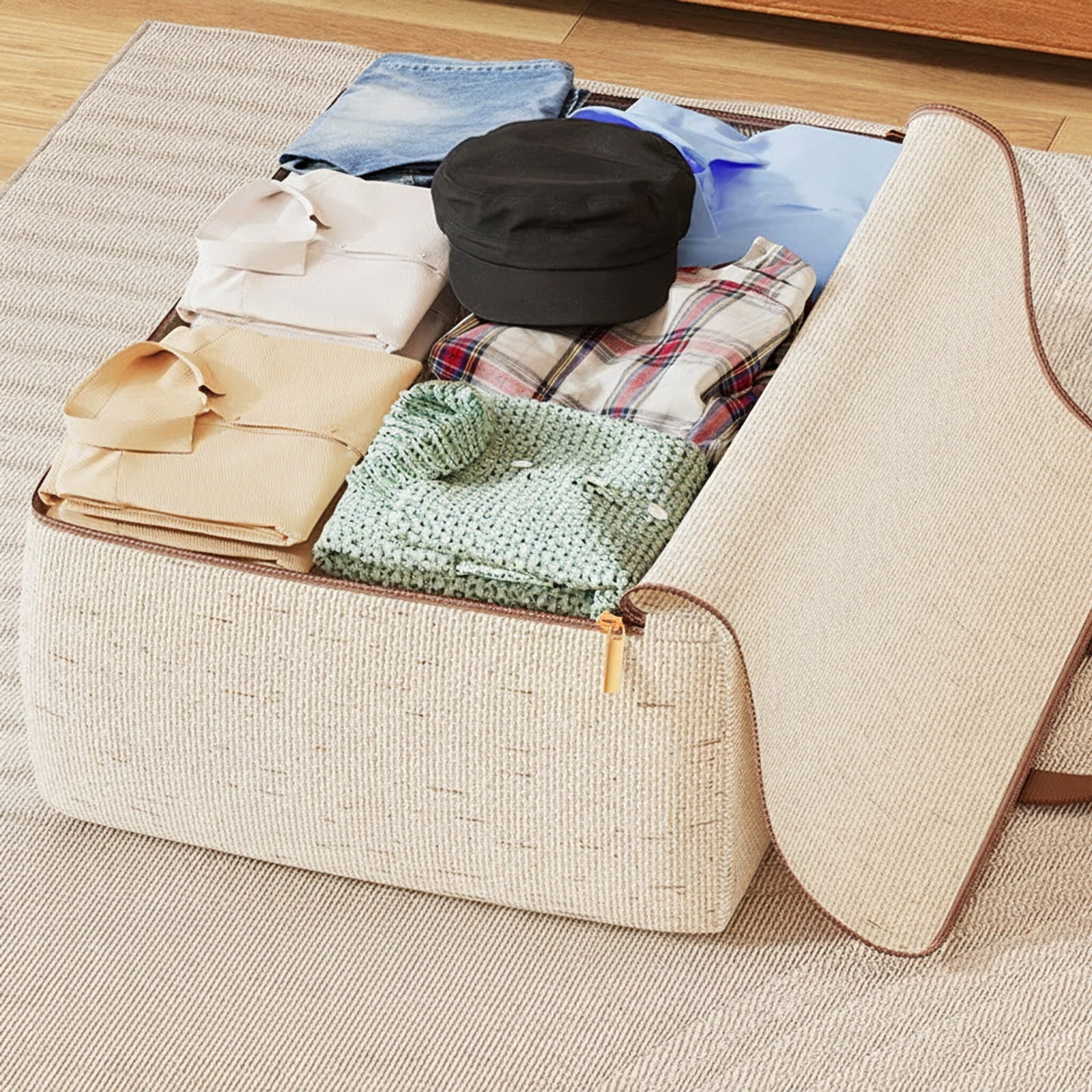 Extra Large Heavy Duty Storage Bags with Reinforced Handles - Collapsible Moving Bags for Clothes, College, Travel - Fabric Tote with Double Zipper (Beige)