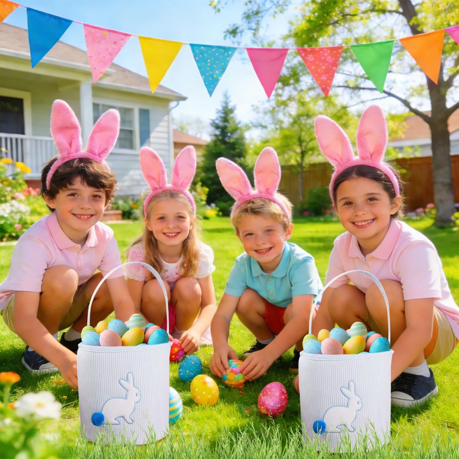 Foldable Easter Basket Bag, Rabbit Shaped Storage Tote with Handles for Ki-ds Egg Hunt, Blue Bunny Decor & Spring Gift Basket, Collapsible Fabric Bin