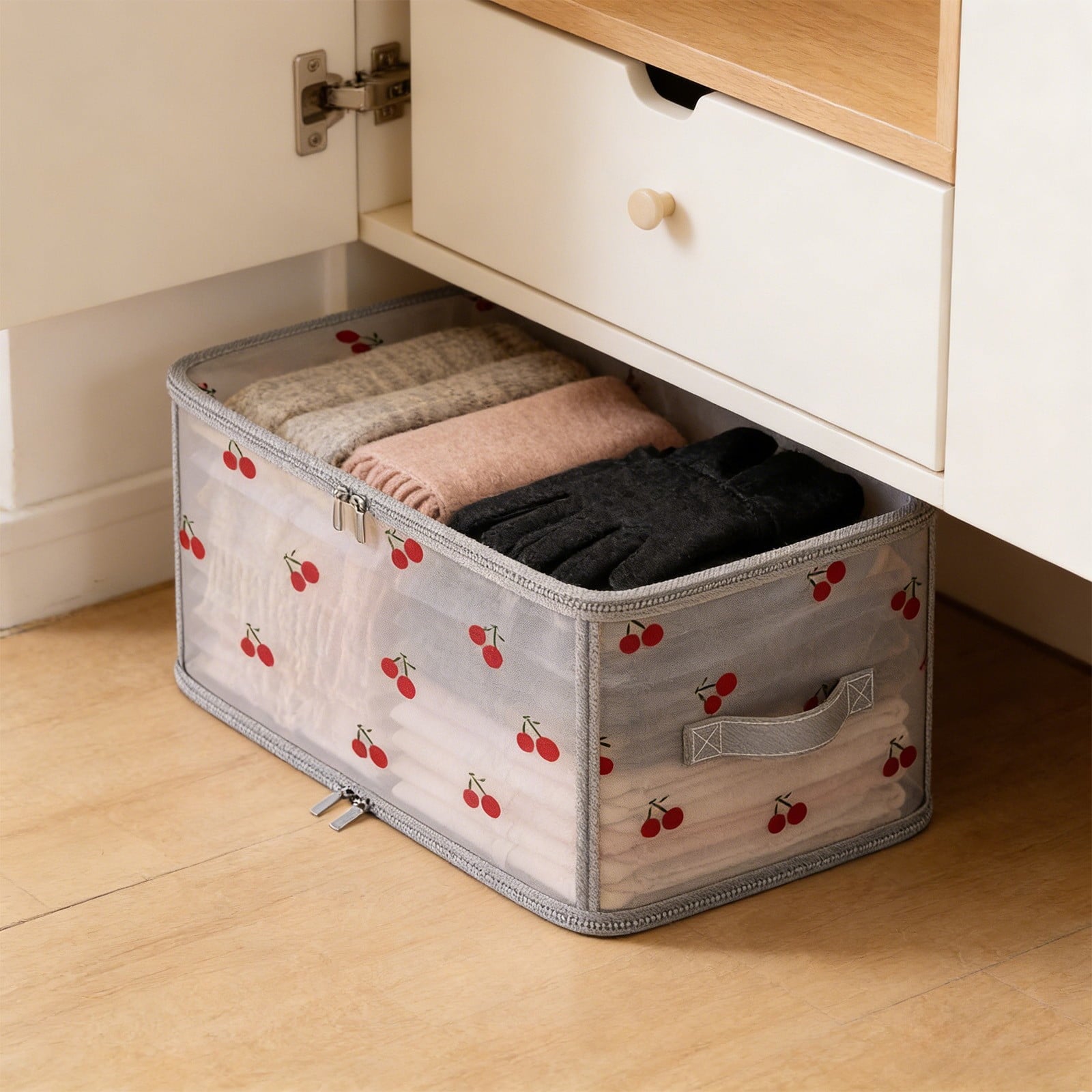 Foldable Storage Bins with Lids, Fabric Closet Organizer Box for Clothes Sweaters Blankets, Sturdy Hard Board, Dust Proof, Cherry Print, 12x11x6 Inches