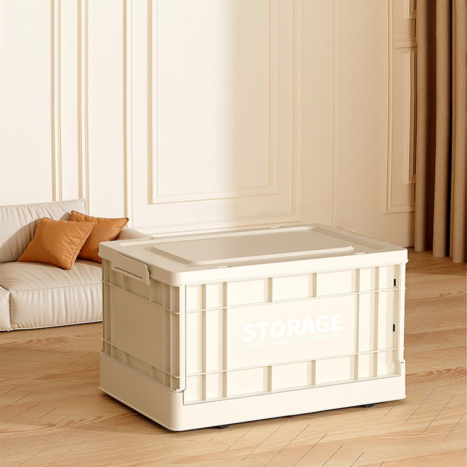 Foldable Storage Container Box with Lid, Large Capacity Plastic Tote Container Stackable Utility Crates Shelf Basket for Clothes Books Snack Shoe(Beige)