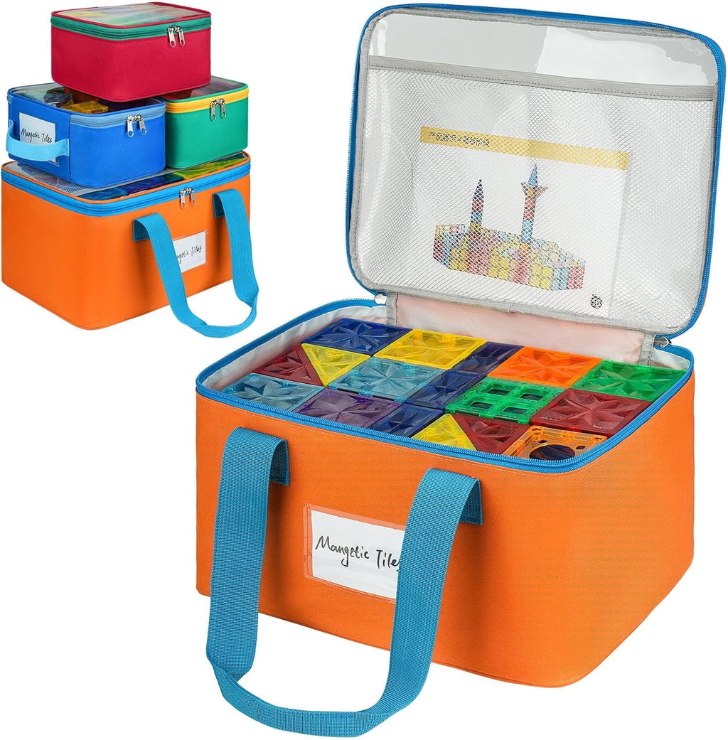 HBK Magnetic Tile Storage Bags, 4 Pack Toy Organizer Totes for Building Blocks and Puzzles, Portable Travel Cases with Handles and Label Pockets