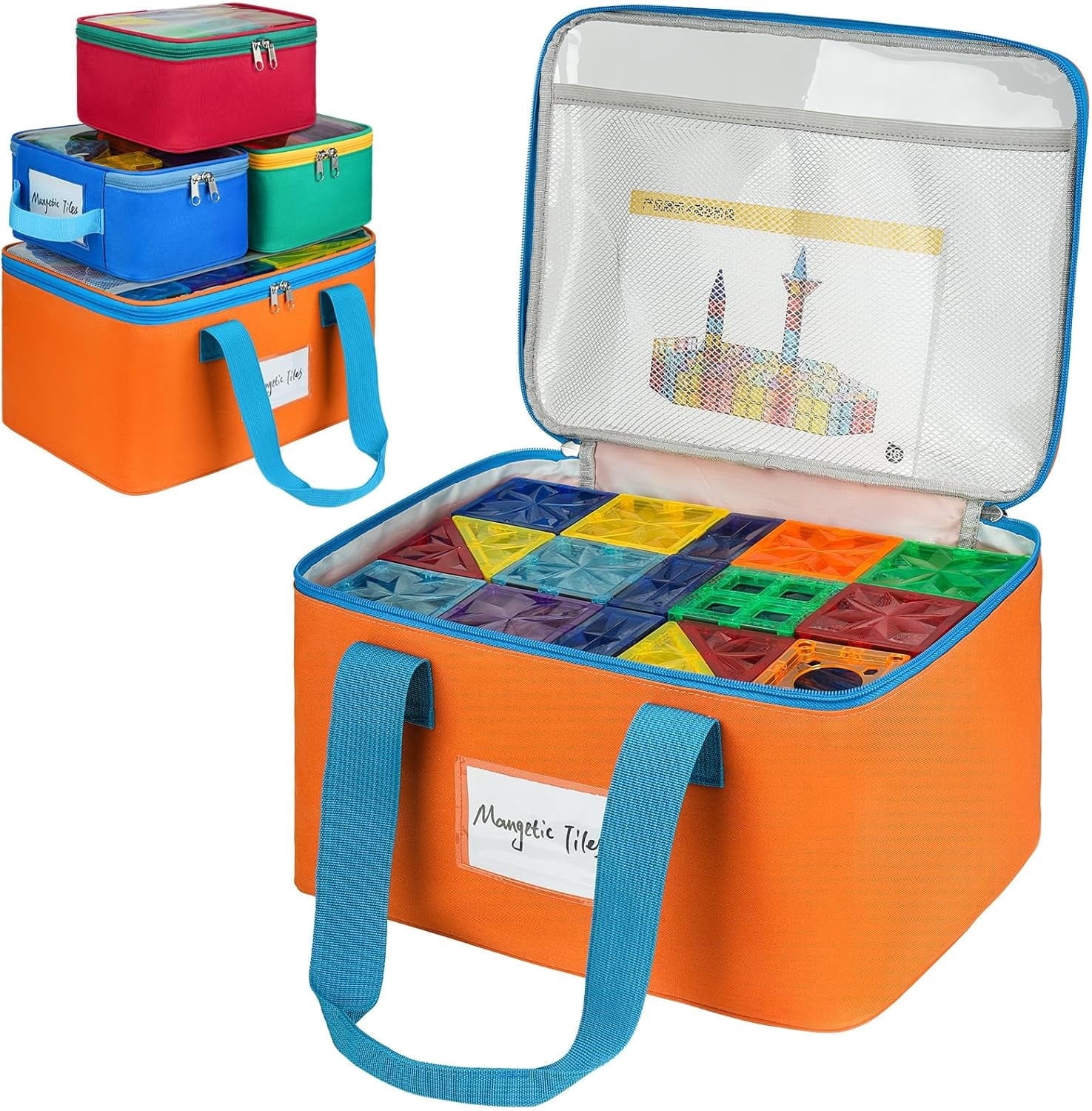 HBK Magnetic Tile Storage Bags, 4 Pack Toy Organizer Totes for Building Blocks and Puzzles, Portable Travel Cases with Handles and Label Pockets