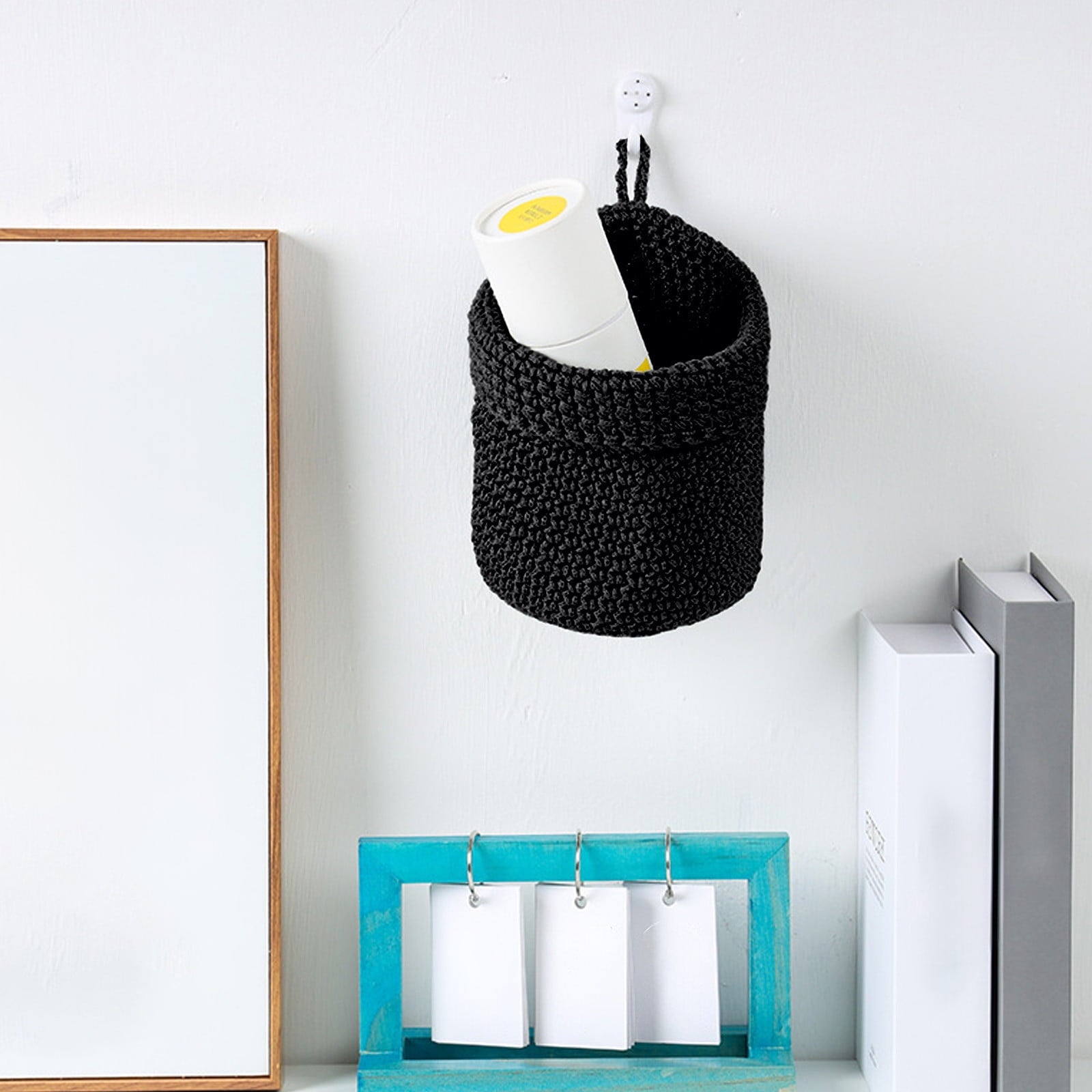 Wall Hanging Storage Basket, Handwoven Cotton Rope Bedside Organizer, Small Gray Wall Mounted Bin for Bedroom, Office, Nursery, Space-Saving for Remotes, Books, Phone