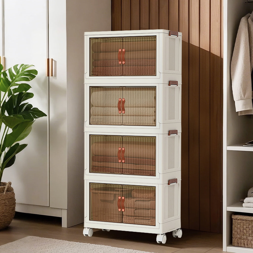 Home Plastic Stackable Storage Boxes With Lid, 4 Tiers 288QT Total Foldable Storage Bins With Doors and Wheels Stackable Storage Containers for Living Roon Bedroom Closets(72qt Per, 4 Tiers)