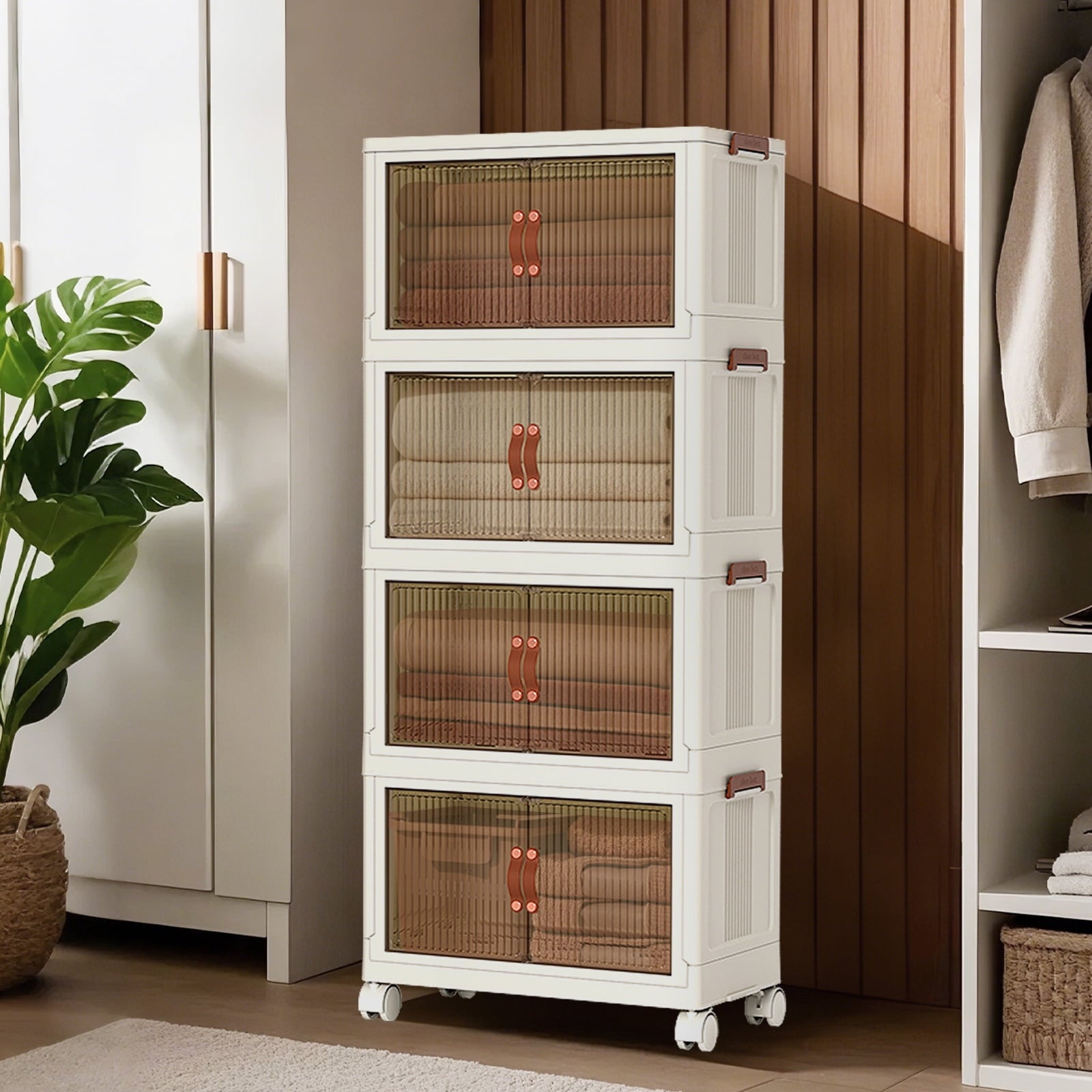 Home Plastic Stackable Storage Boxes With Lid, 4 Tiers 288QT Total Foldable Storage Bins With Doors and Wheels Stackable Storage Containers for Living Roon Bedroom Closets(72qt Per, 4 Tiers)