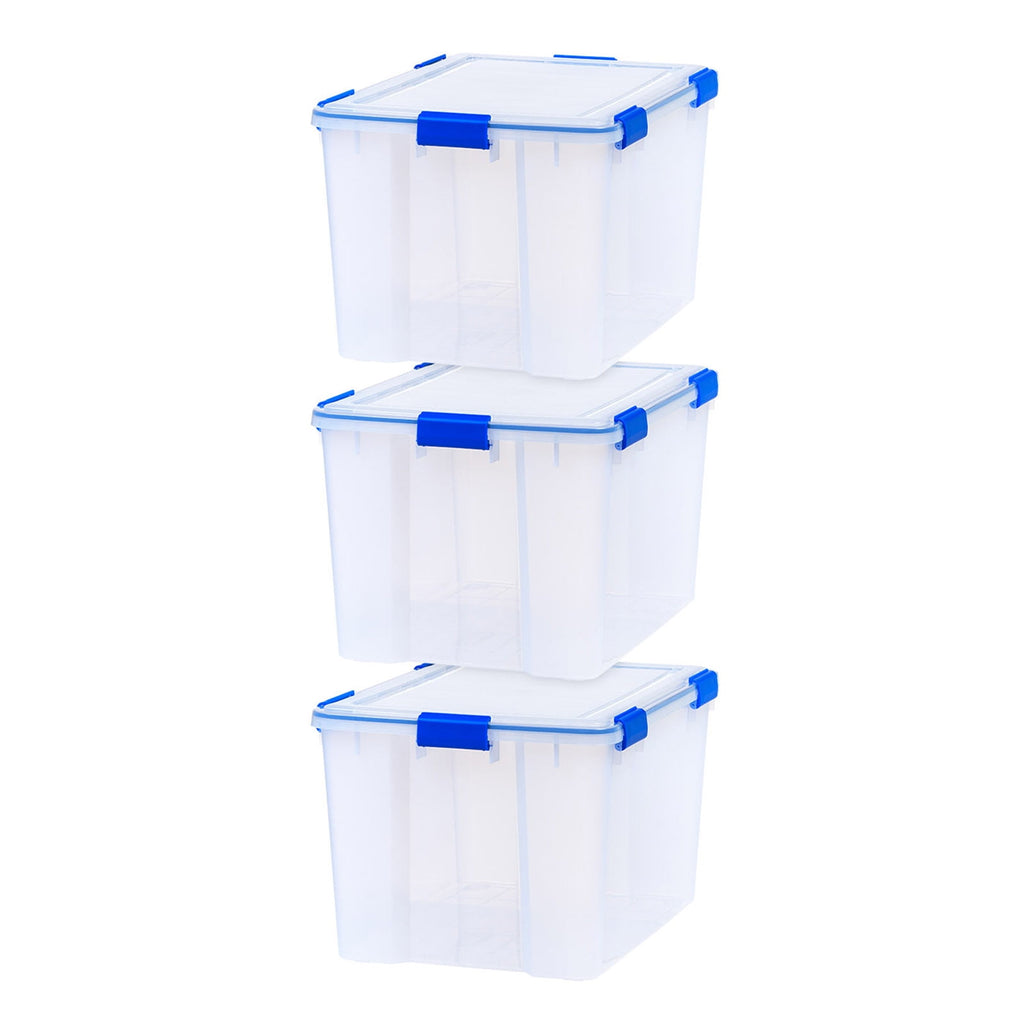 IRIS USA 74 Qt Storage Box with Gasket Seal Lid, 3 Pack - BPA-Free,  - Heavy Duty Moving Containers with Tight Latch, Weather Proof Tote Bin, WEATHERPRO - Clear/Blue