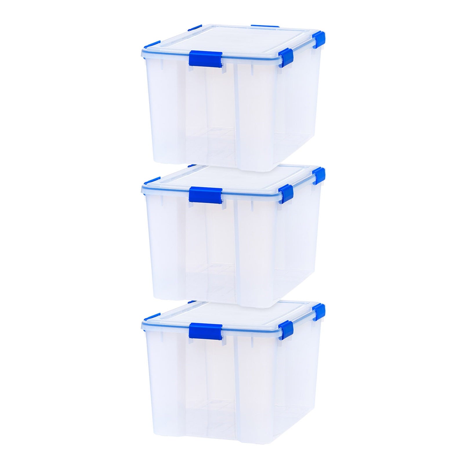 IRIS USA 74 Qt Storage Box with Gasket Seal Lid, 3 Pack - BPA-Free,  - Heavy Duty Moving Containers with Tight Latch, Weather Proof Tote Bin, WEATHERPRO - Clear/Blue