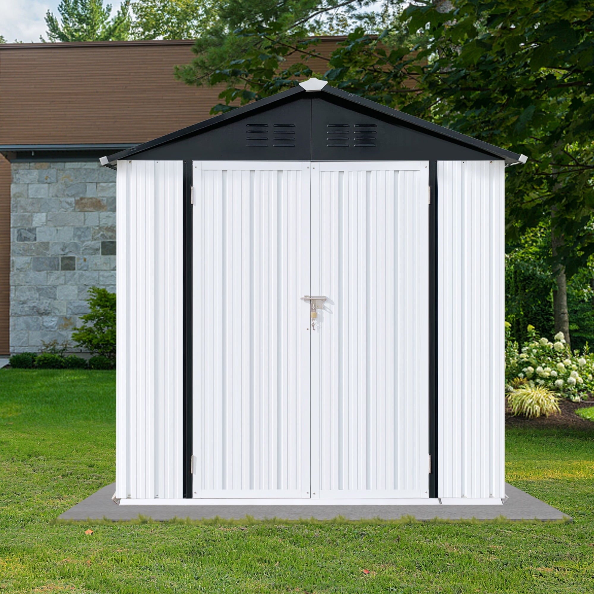 JXXRZ 6x4ft Outdoor Metal Shed, Steel Tool Storage for Backyard & Patio, White&Black