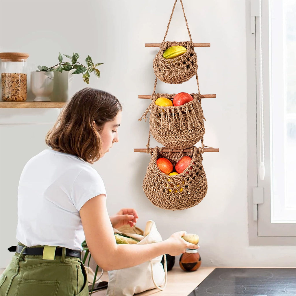 Litrail 3TierHangingBasketJute-HandwovenKitchenFruitVegetableStorage,BohemianRusticEco-FriendlyBasketforHomeBathroomLivingRoomSpace-Saving