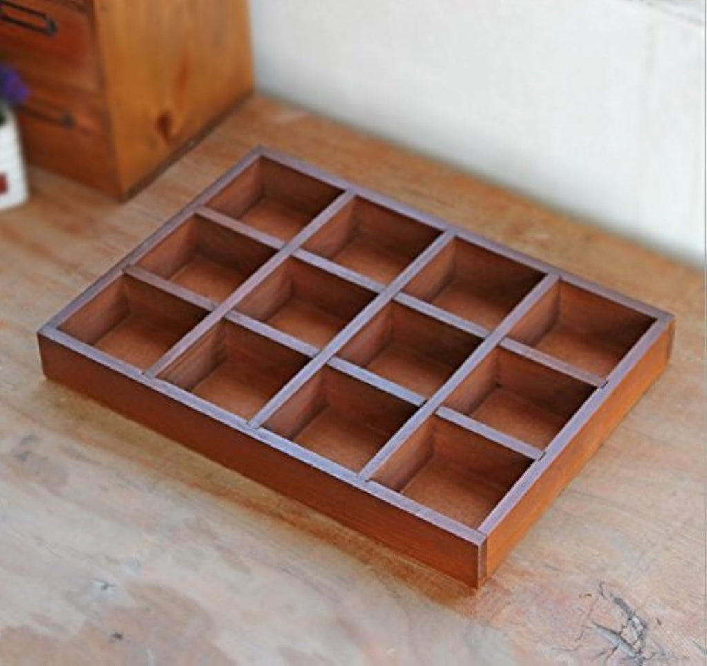 12-Grid Vintage Wooden Storage Divider Box Organizer