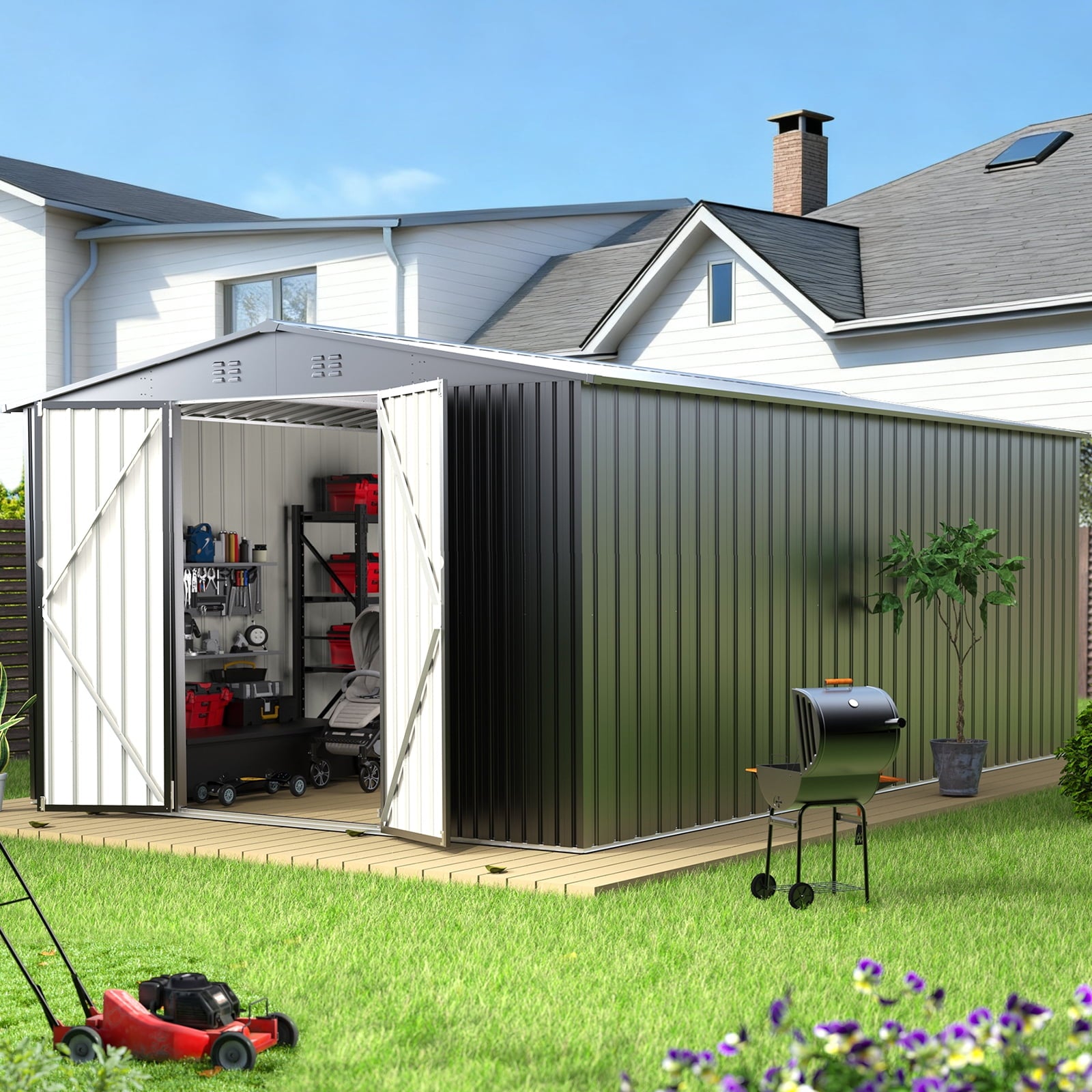 PABIMIA 10FT x 14FT Metal Outdoor Storage Shed with Lockable Doors, Black