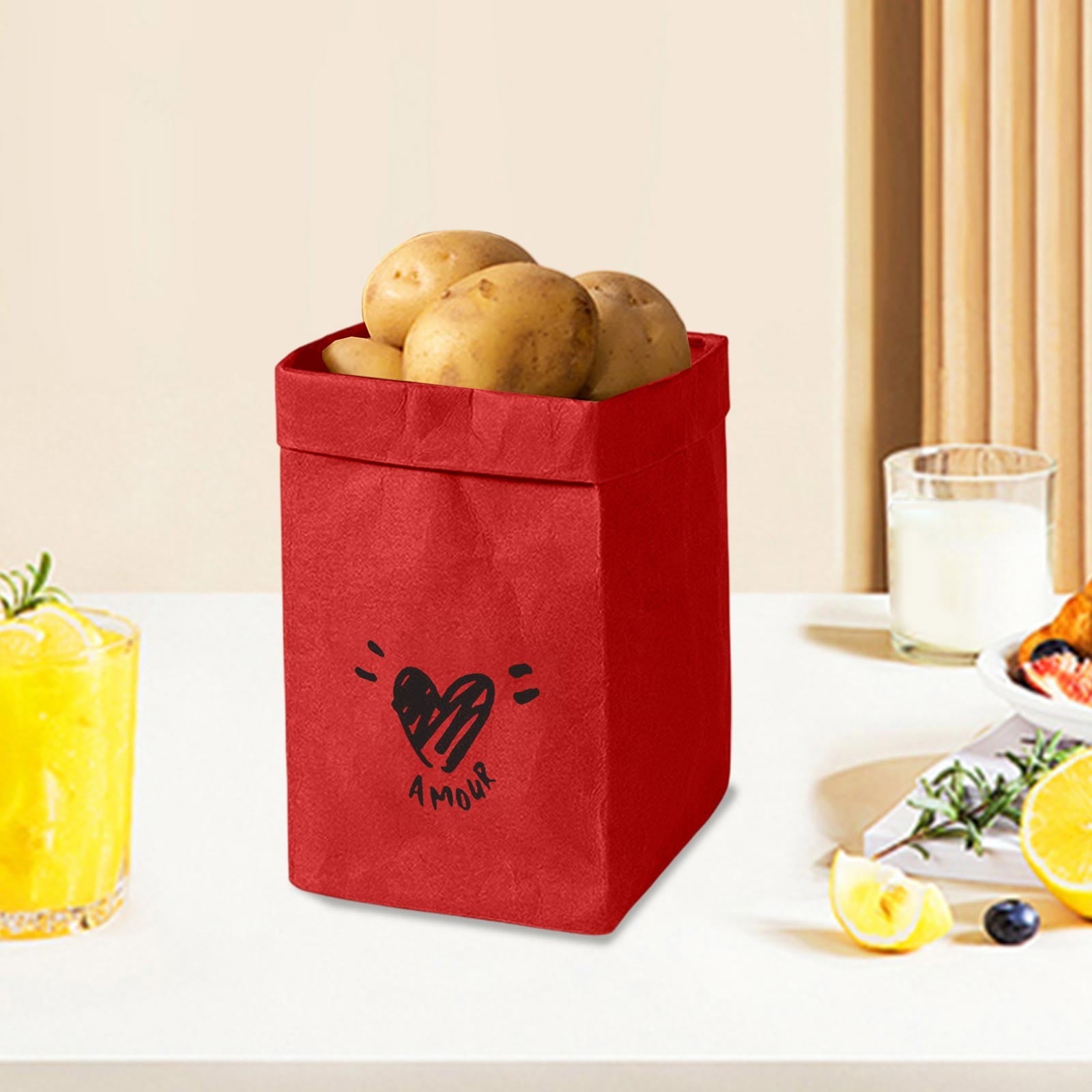 Washable Waterproof Thickened Kraft Paper Bag - Red Reusable Large Capacity Storage for Kitchen Refrigerator, Plant Pot & Food (14x14x27.5cm)