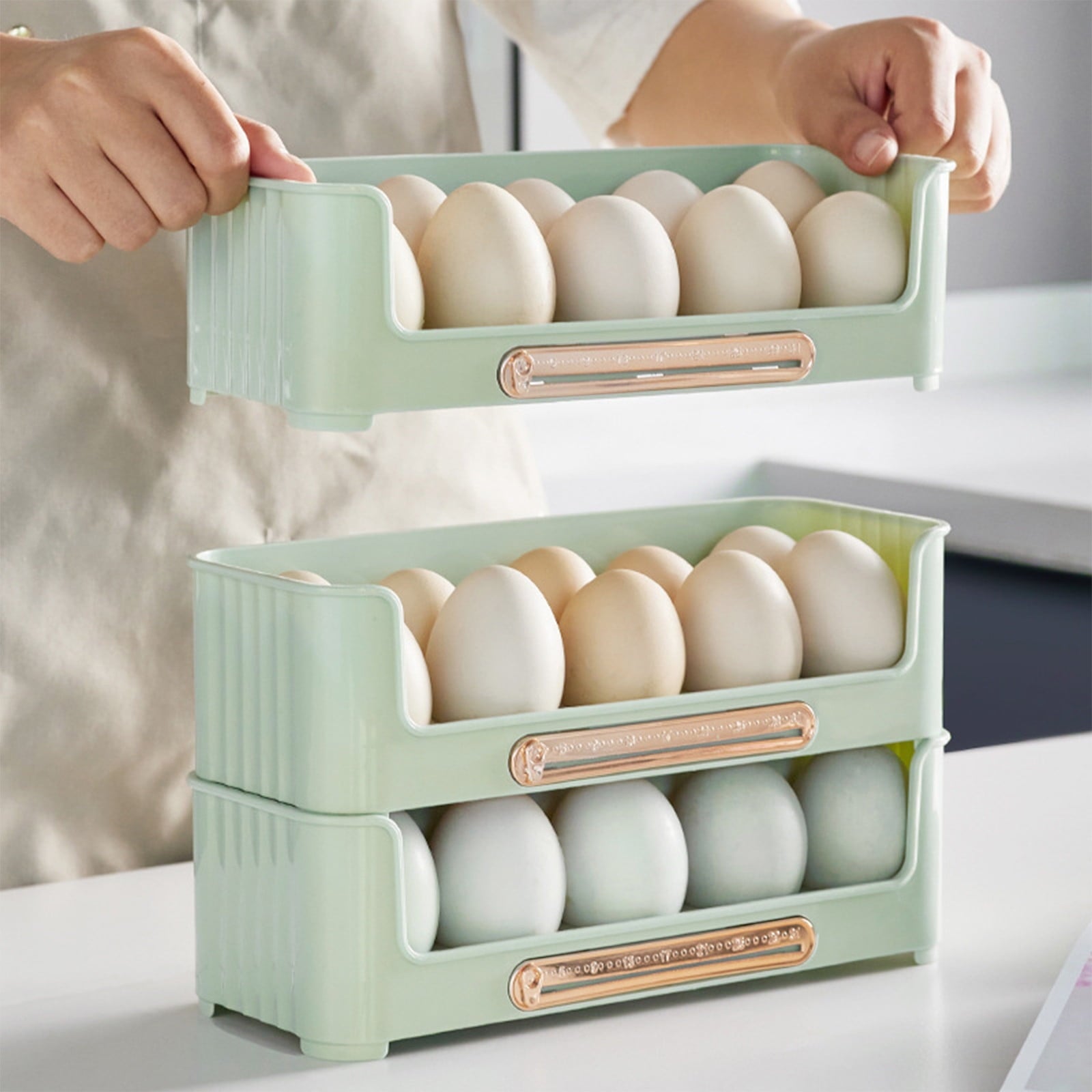 Stackable Refrigerator Egg Holder with Date Tracker, 10 Egg Container Organizer for Fridge Door, Space-Saving Kitchen Storage Box