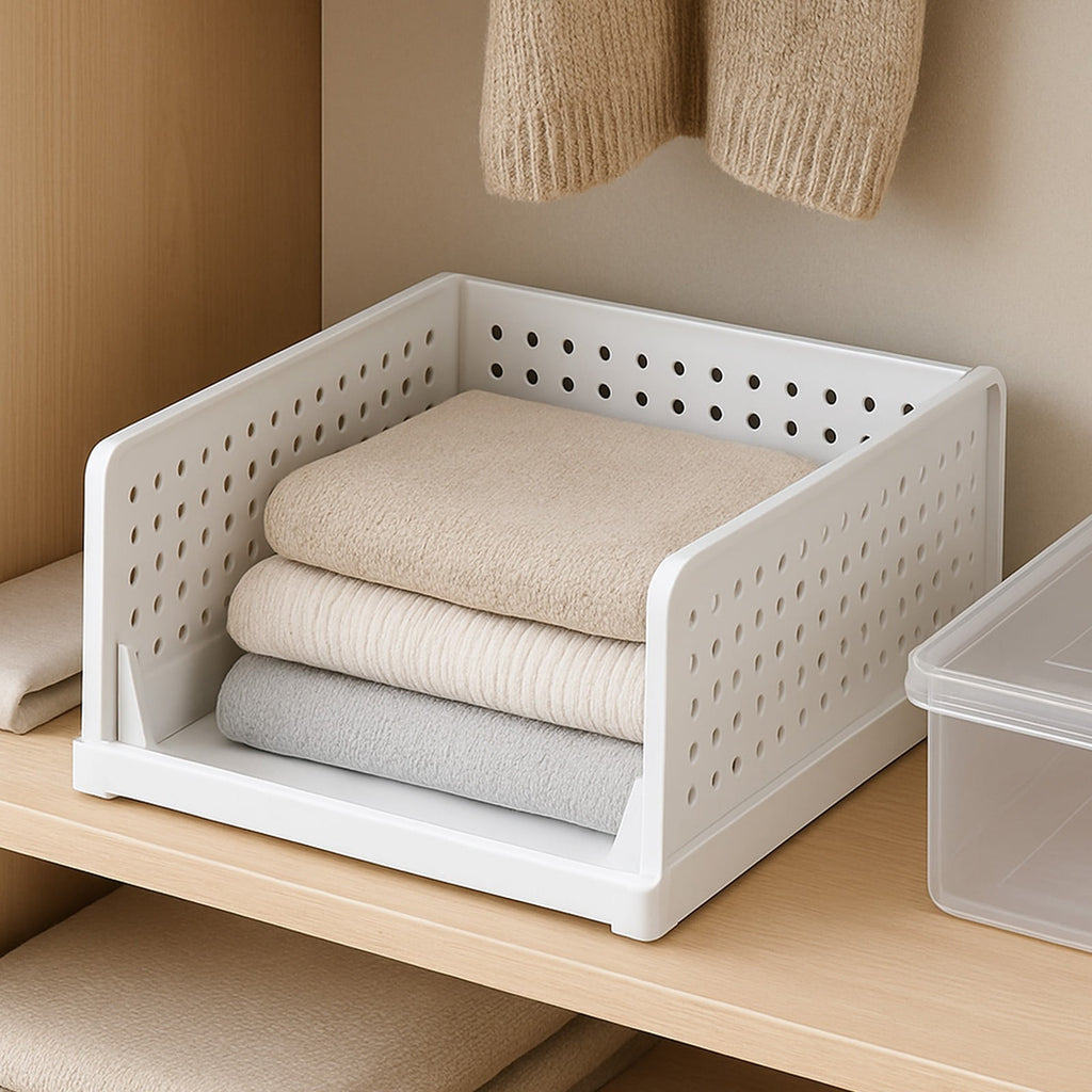 Stackable Storage Drawers with Slide Rail, Hard Plastic Closet Organizer Bins, Waterproof Drawer Organizers for Wardrobe Cabinet Shelf, White