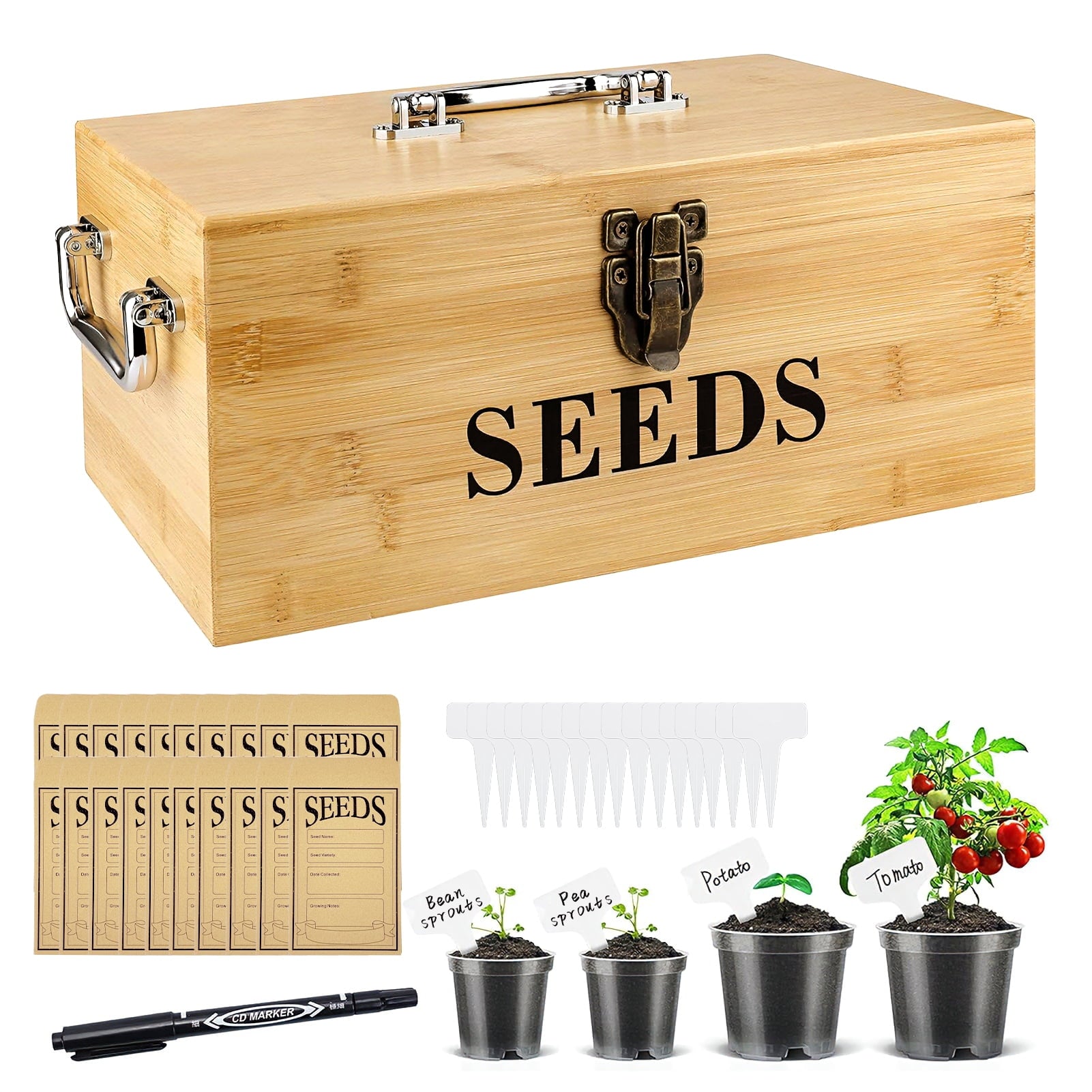 VOROLAK Wood Seed Saving Box, Seed Storage Organizer Case, Seed Packet Storage Organizer with Lock and 3 Handles, 30P Plant Labels, 30P Seeding Envelopes Bag