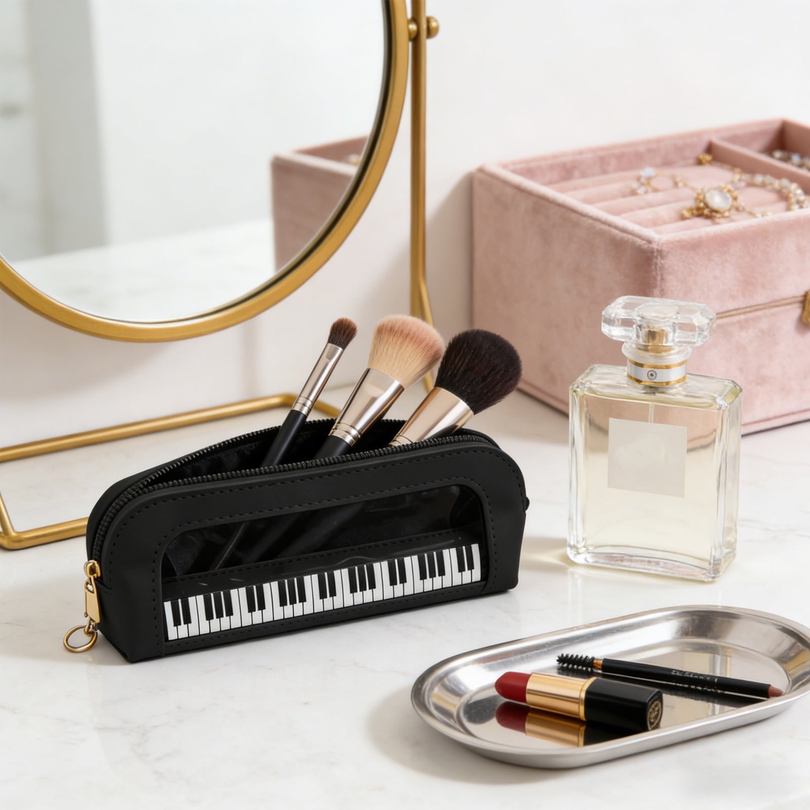 Piano Key Pattern Clear Makeup Brush Bag, Waterproof PVC Cosmetic Organizer Pouch with Faux Leather Trim, Large Capacity Travel Toiletry Bag for Women & Gi-rls, Pink