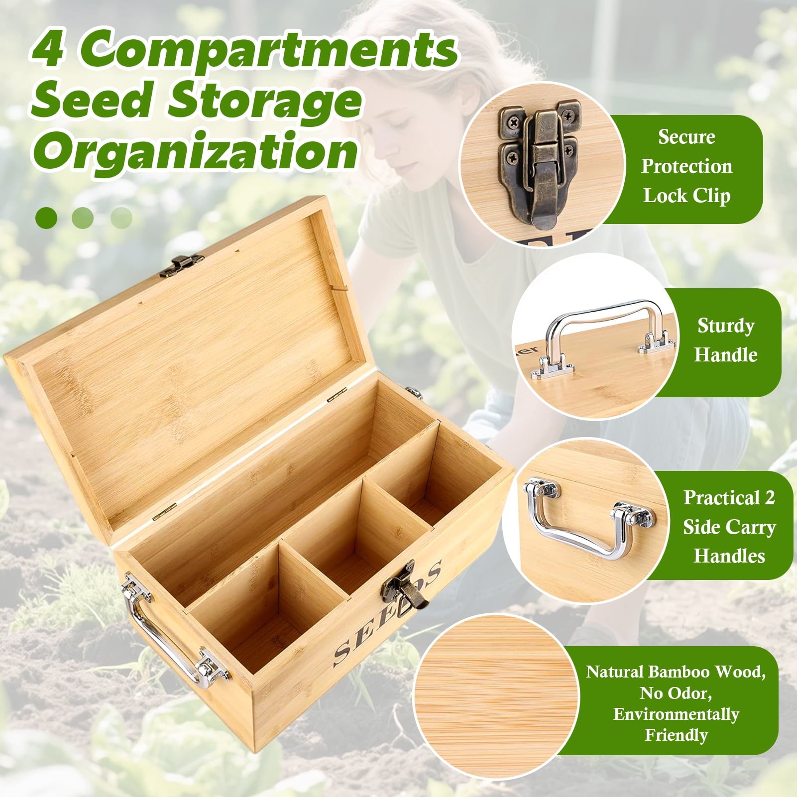 VOROLAK Wood Seed Saving Box, Seed Storage Organizer Case, Seed Packet Storage Organizer with Lock and 3 Handles, 30P Plant Labels, 30P Seeding Envelopes Bag