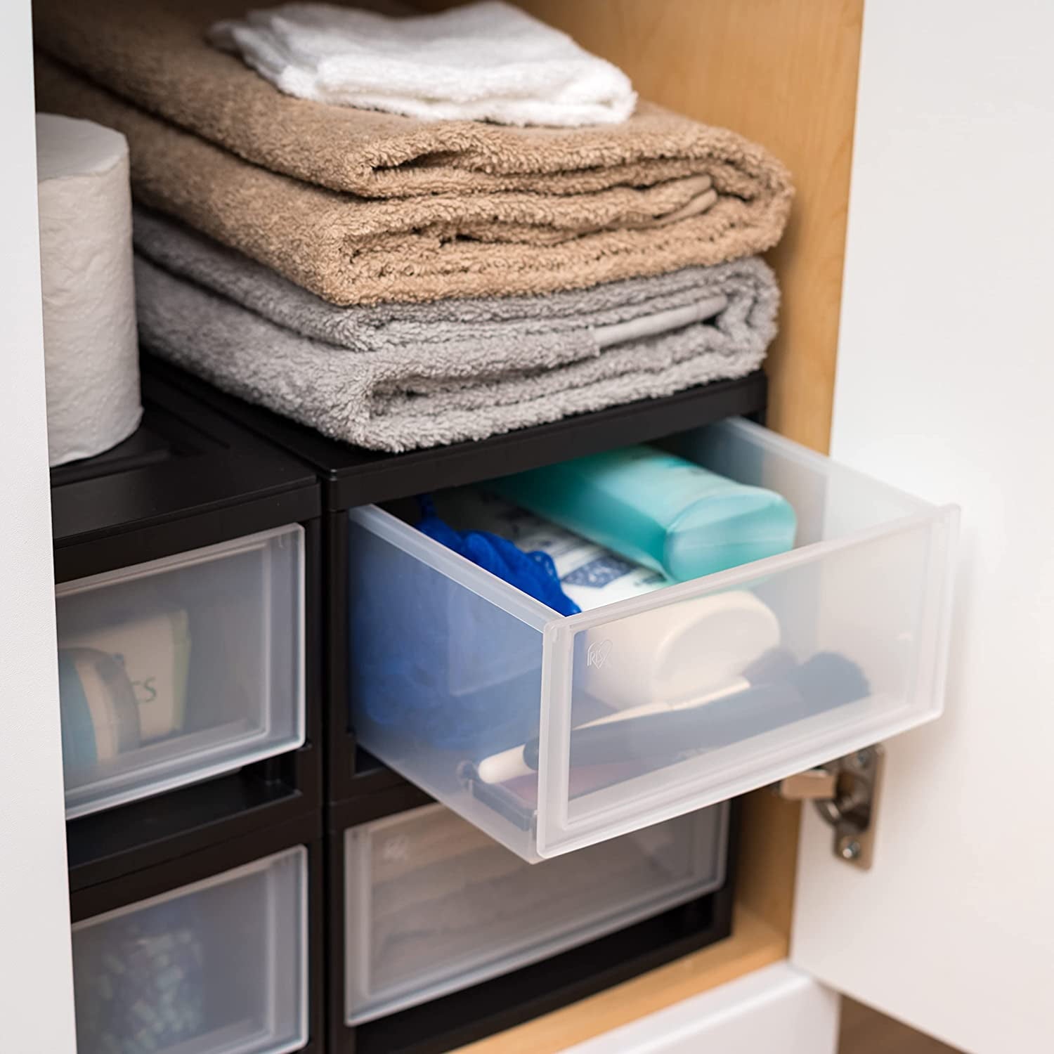 IRIS USA 6 Qt Plastic Drawer Storage Organizer Stackable with Sliding Drawer, Black, 2-Pack