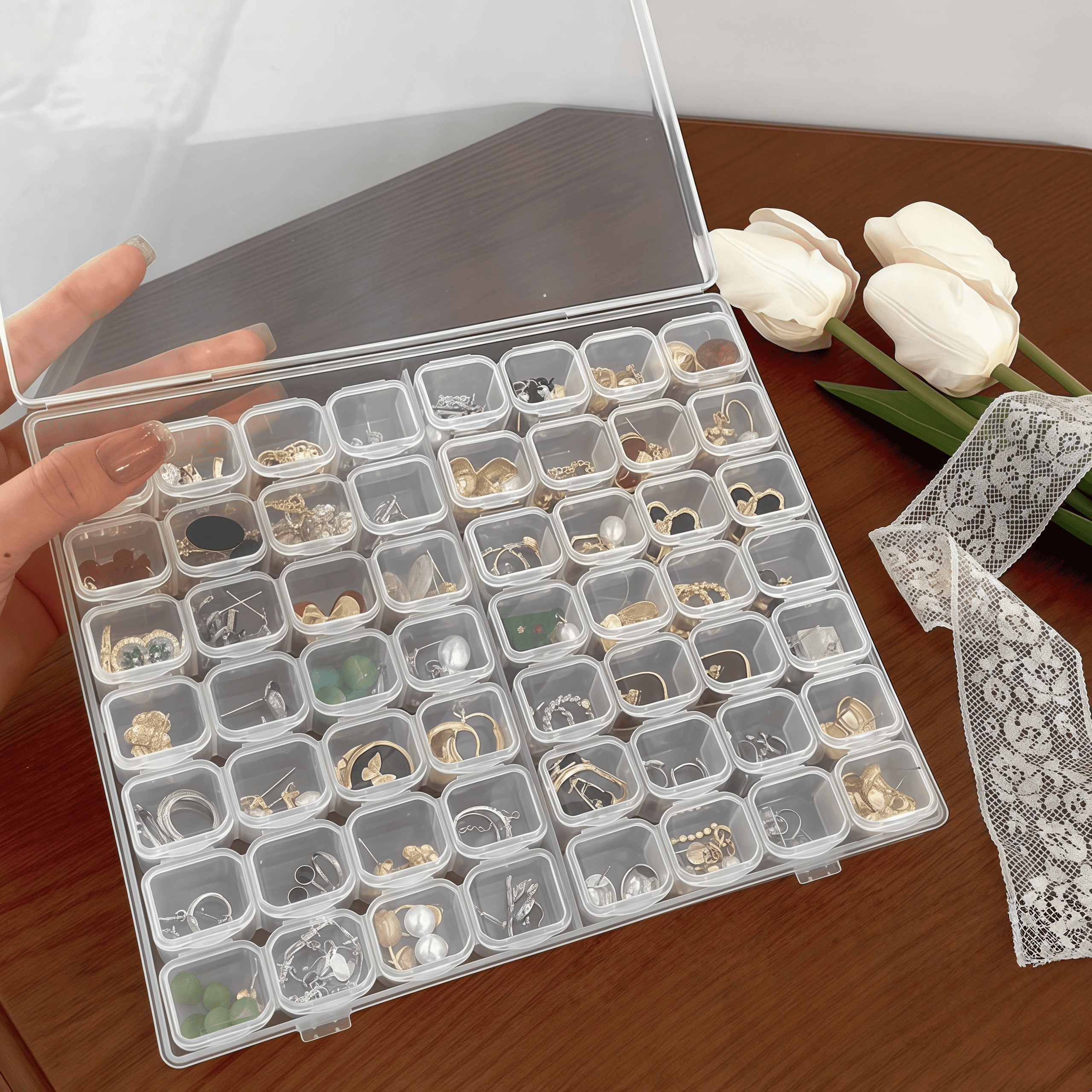 Transparent Storage Small Box, Portable Jewelry Storage Box with 56 Grids anti-oxidation