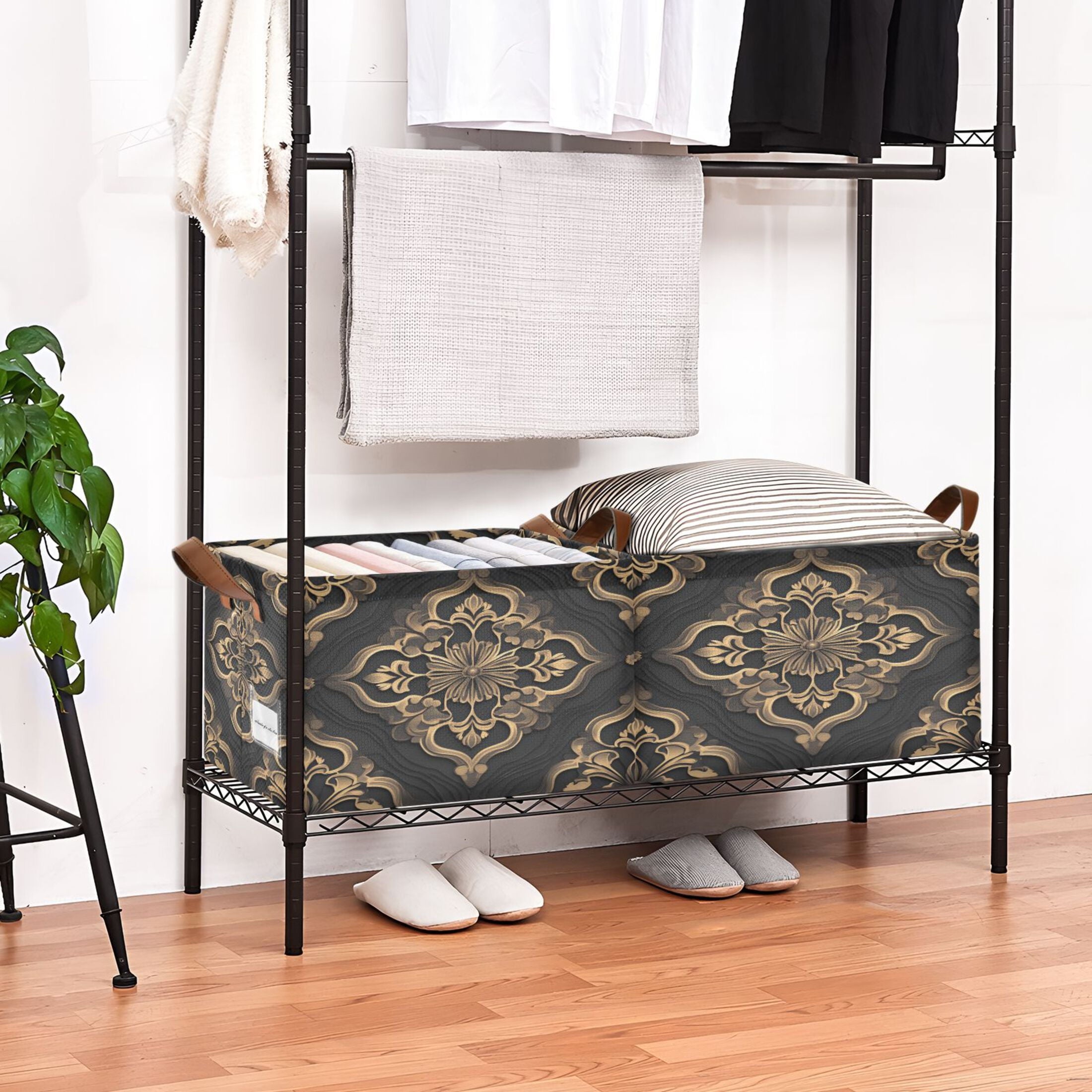 BZSMCE Collapsible Fabric Cube Storage Bins Bohemia Design Gold Flower Print Design Pattern Storage Box