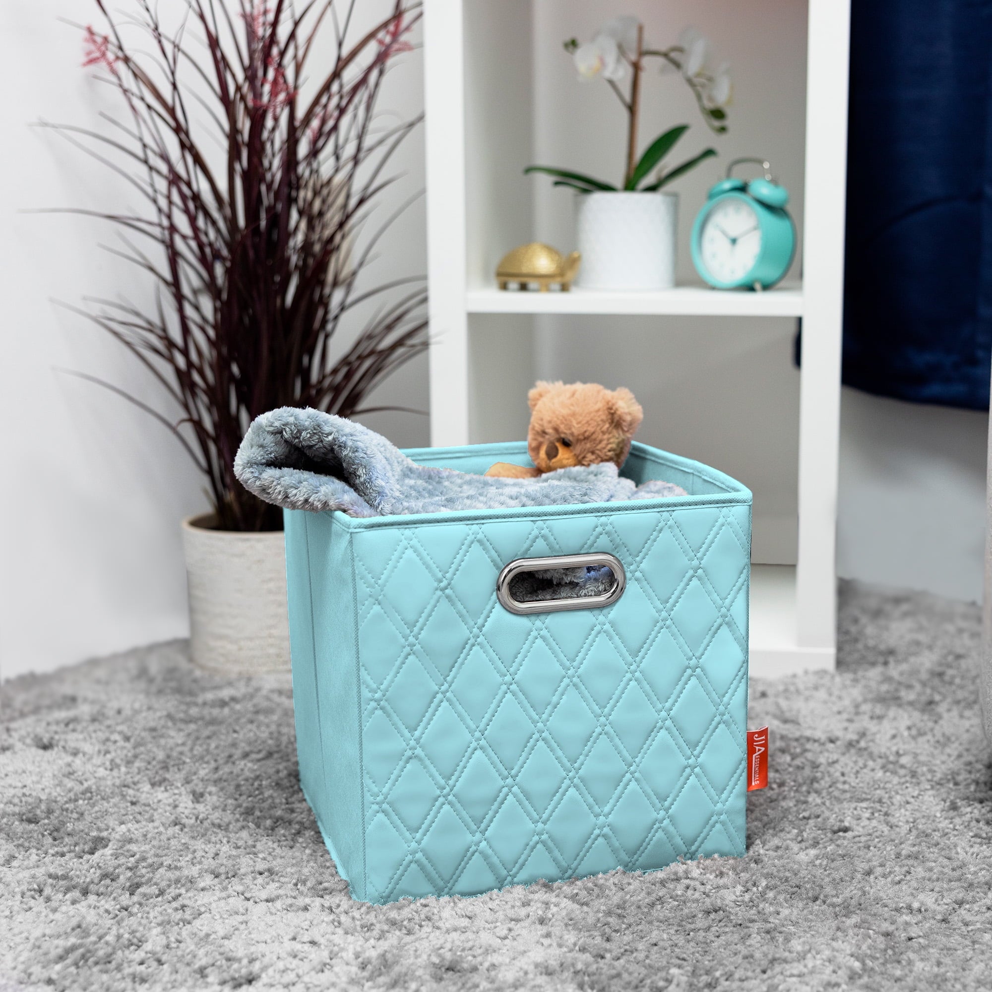 FH Group JIAessentials Set of 2 Collapsible Foldable Diamond Pattern Faux Leather Cube Storage Bins 11 inch w Dual Handles for Shelves, Organizers & More Small