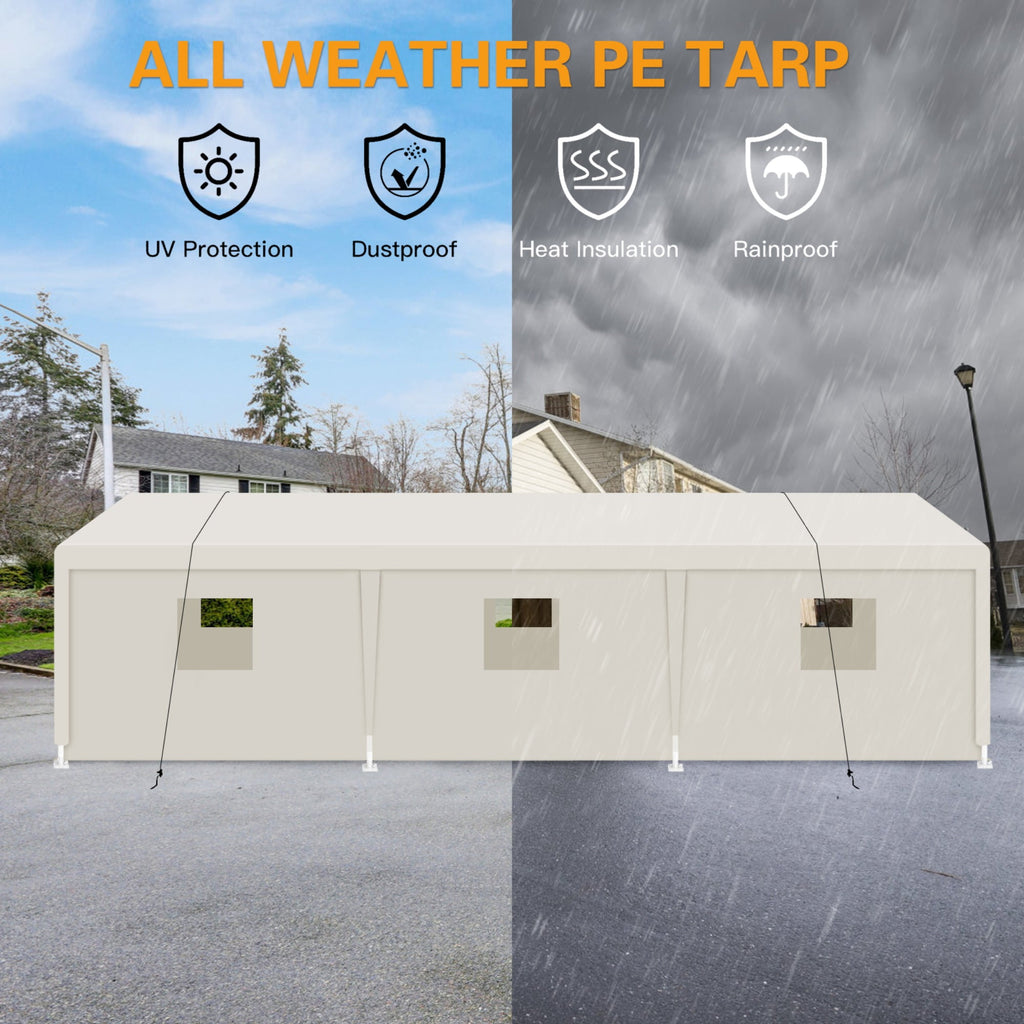 JXXRZ 10'x30' Heavy Duty Car Tent, Portable Carport Garage with Roll-up Windows , All-Season Waterproof Tarp for Outdoor Storage Shelter, Party, Birthday, White