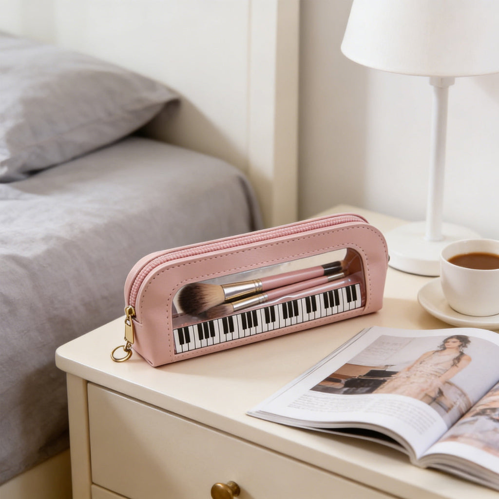 Piano Key Pattern Clear Makeup Brush Bag, Waterproof PVC Cosmetic Organizer Pouch with Faux Leather Trim, Large Capacity Travel Toiletry Bag for Women & Gi-rls, Pink
