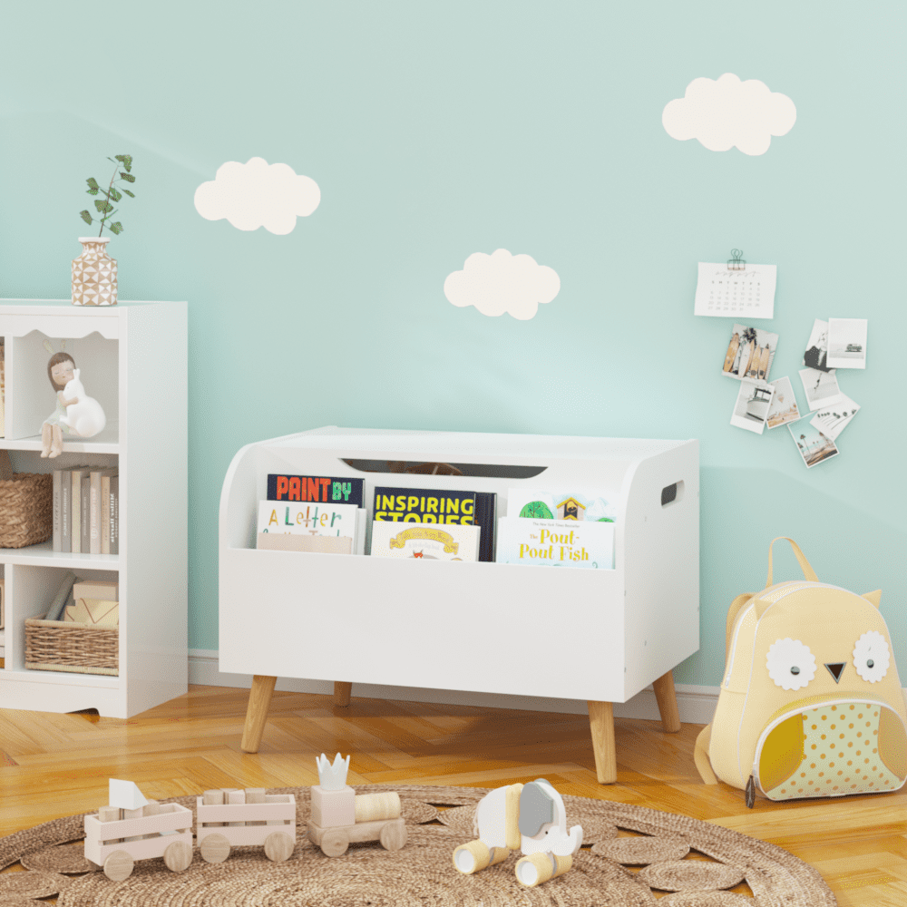 Large Wooden Toy Box with Front Bookshelf - Kids Toy Storage Organizer, Safety Hinge & Flip-Top Lid for Boys and Girls - Perfect Toy Chest Bench for Playroom Organization (White)