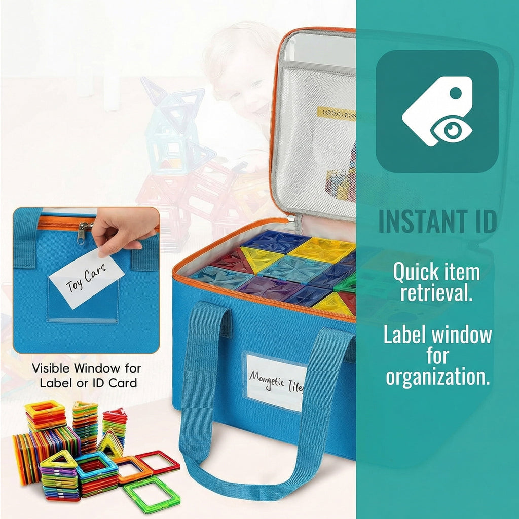HBK Magnetic Tile Storage Bags, 4 Pack Toy Organizer Totes for Building Blocks and Puzzles, Portable Travel Cases with Handles and Label Pockets