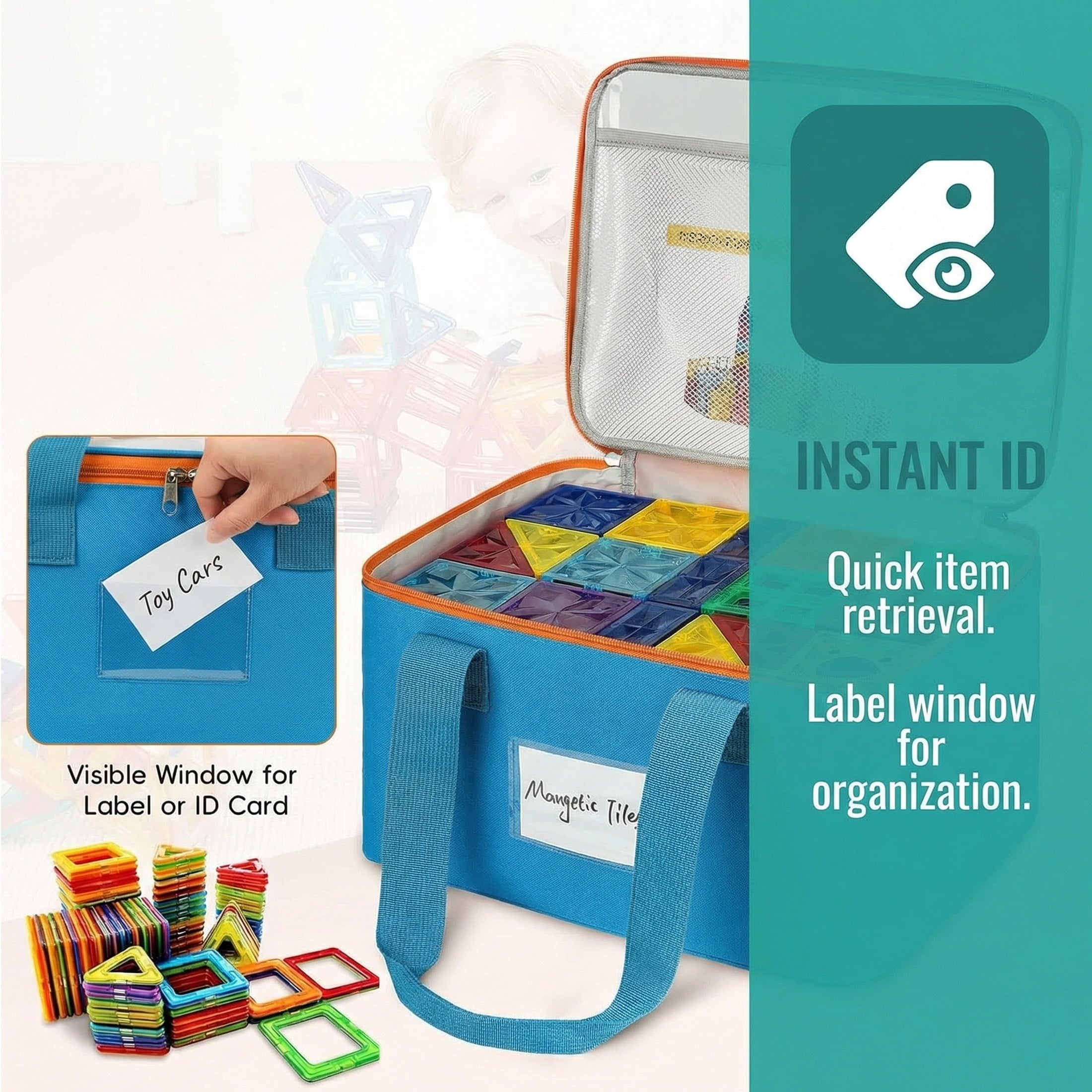 HBK Magnetic Tile Storage Bags, 4 Pack Toy Organizer Totes for Building Blocks and Puzzles, Portable Travel Cases with Handles and Label Pockets