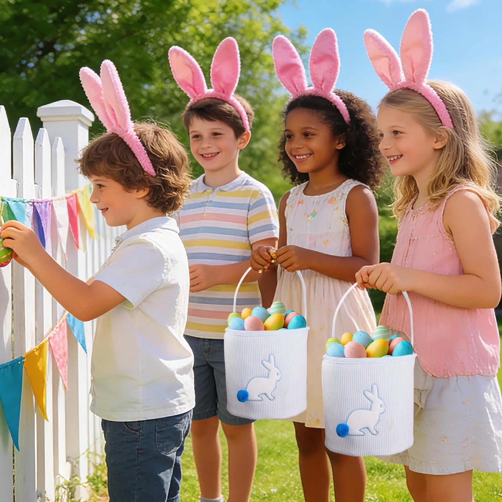 Foldable Easter Basket Bag, Rabbit Shaped Storage Tote with Handles for Ki-ds Egg Hunt, Blue Bunny Decor & Spring Gift Basket, Collapsible Fabric Bin