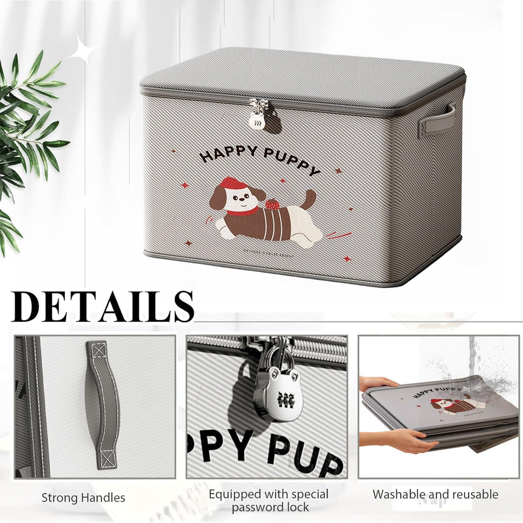 Lockable Dog Pattern Storage Bag with Combination Lock, 15x10 Inch Fabric Toy Organizer Bin for Clothes & Toys
