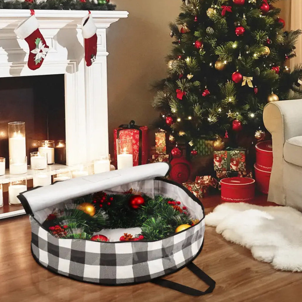 White Wreath Storage Bag, 24 Inches Round Plastic Organizer With Handle, For Holiday Decor Protection And Storage, 24X7.9 In, 0.38 Lb