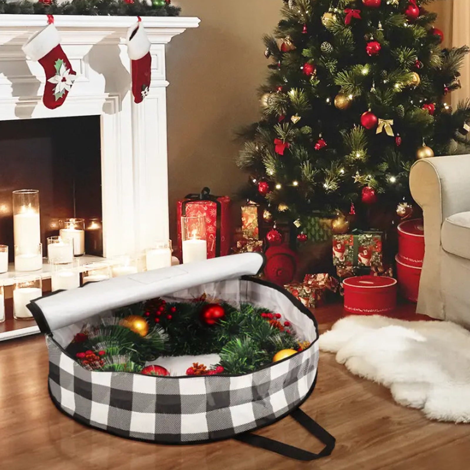 White Wreath Storage Bag, 24 Inches Round Plastic Organizer With Handle, For Holiday Decor Protection And Storage, 24X7.9 In, 0.38 Lb