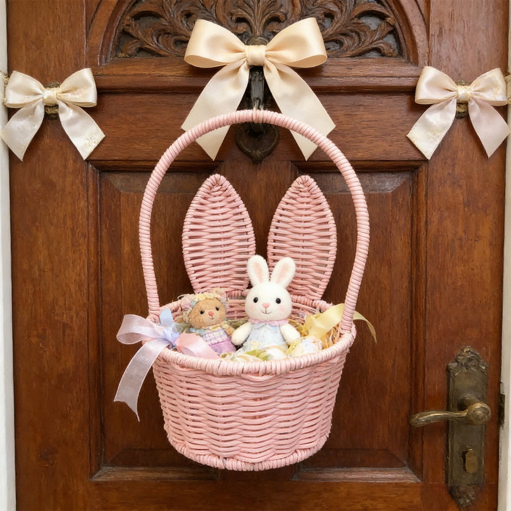 Easter Basket with Bunny Ears, Woven Plastic Rattan Storage Bin for Home Decor, Kitchen Organization, Flower Arrangements & Party - Pink, 10.63x6.69x5.51 in