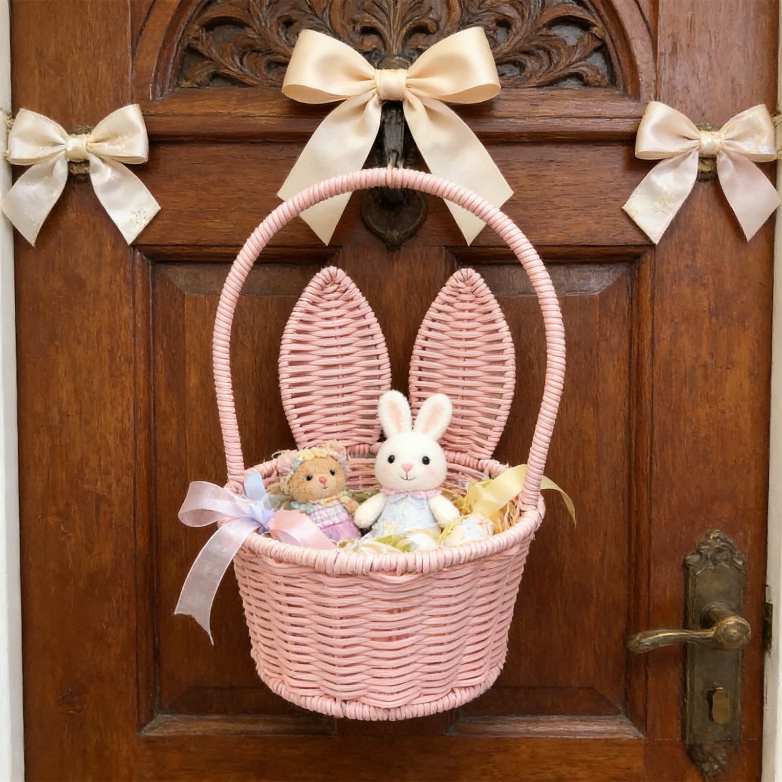 Easter Basket with Bunny Ears, Woven Plastic Rattan Storage Bin for Home Decor, Kitchen Organization, Flower Arrangements & Party - Pink, 10.63x6.69x5.51 in