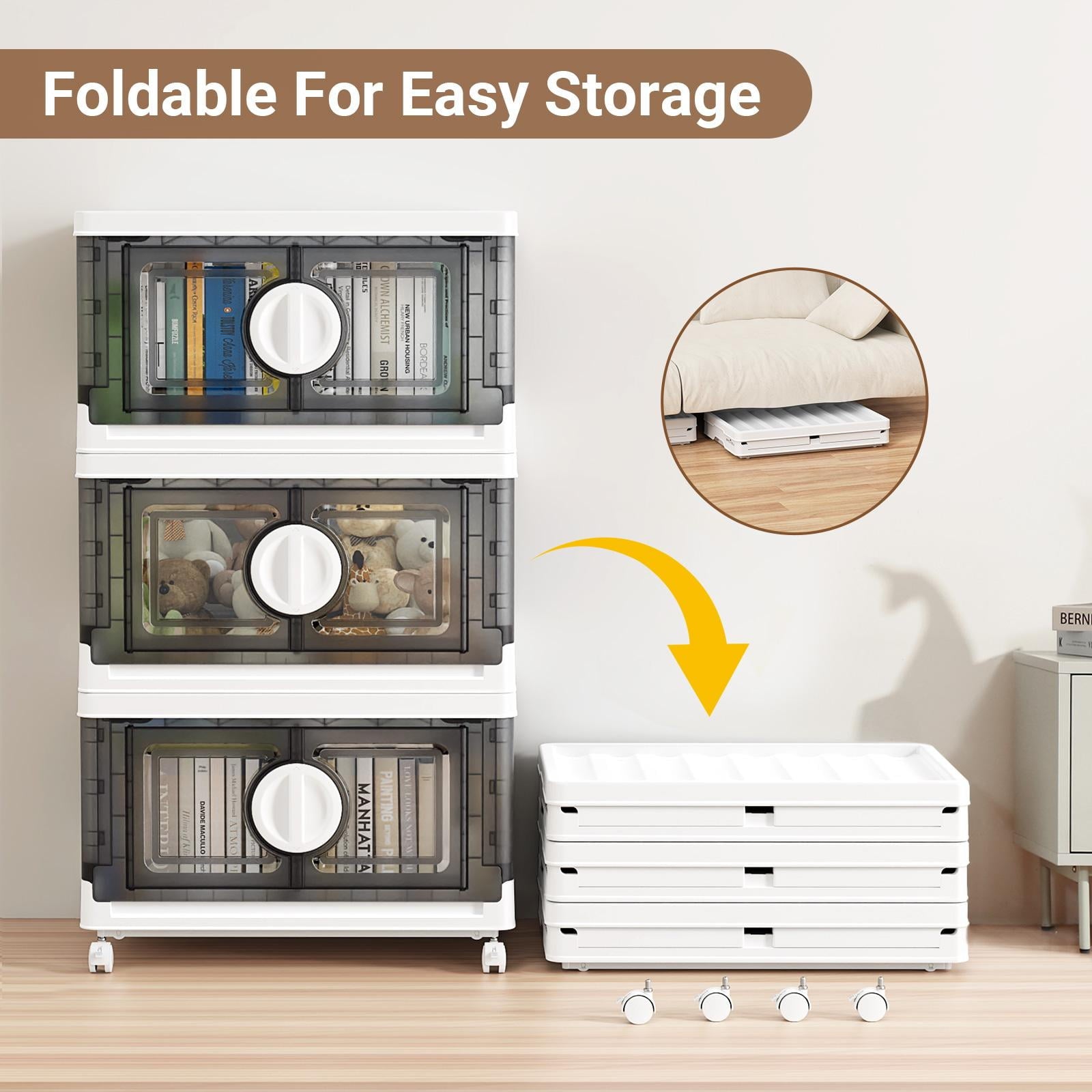 BROVIEW V9 30Gal Stackable Storage Bins, Plastic Collapsible Storage Bins with Lids and Wheels, Clothes Organizers and Storage Drawer, Folding Cabinets with Doors for Home, 1PCS White
