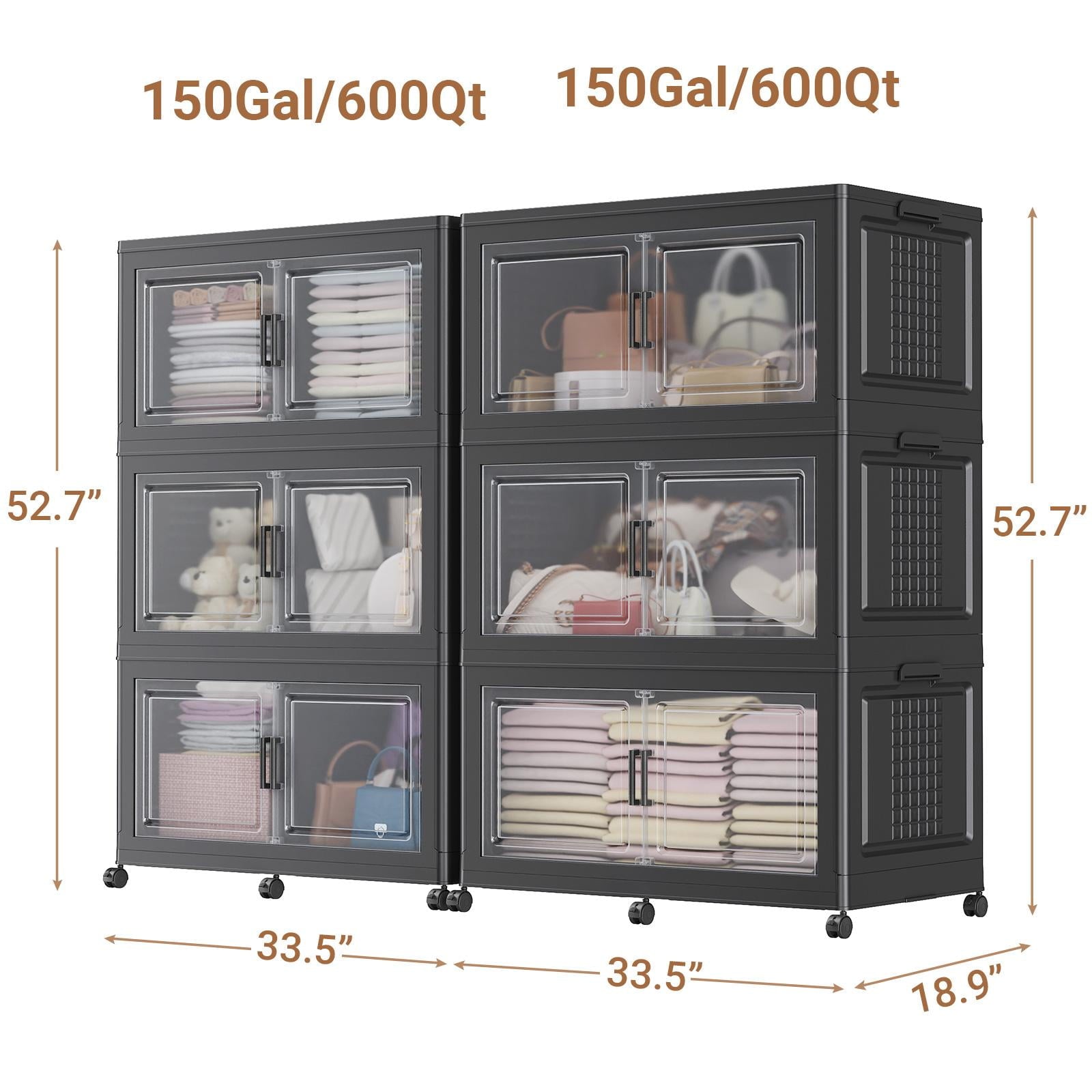 Broview 300Gal Extra Large Stackable Storage Bins with 2 Lids and 12 Wheels, 6Pack Plastic Bins with 6 Dividers, Closet Organizers and Storage Cabinet Shelves Collapsible Box for Home Office, Black