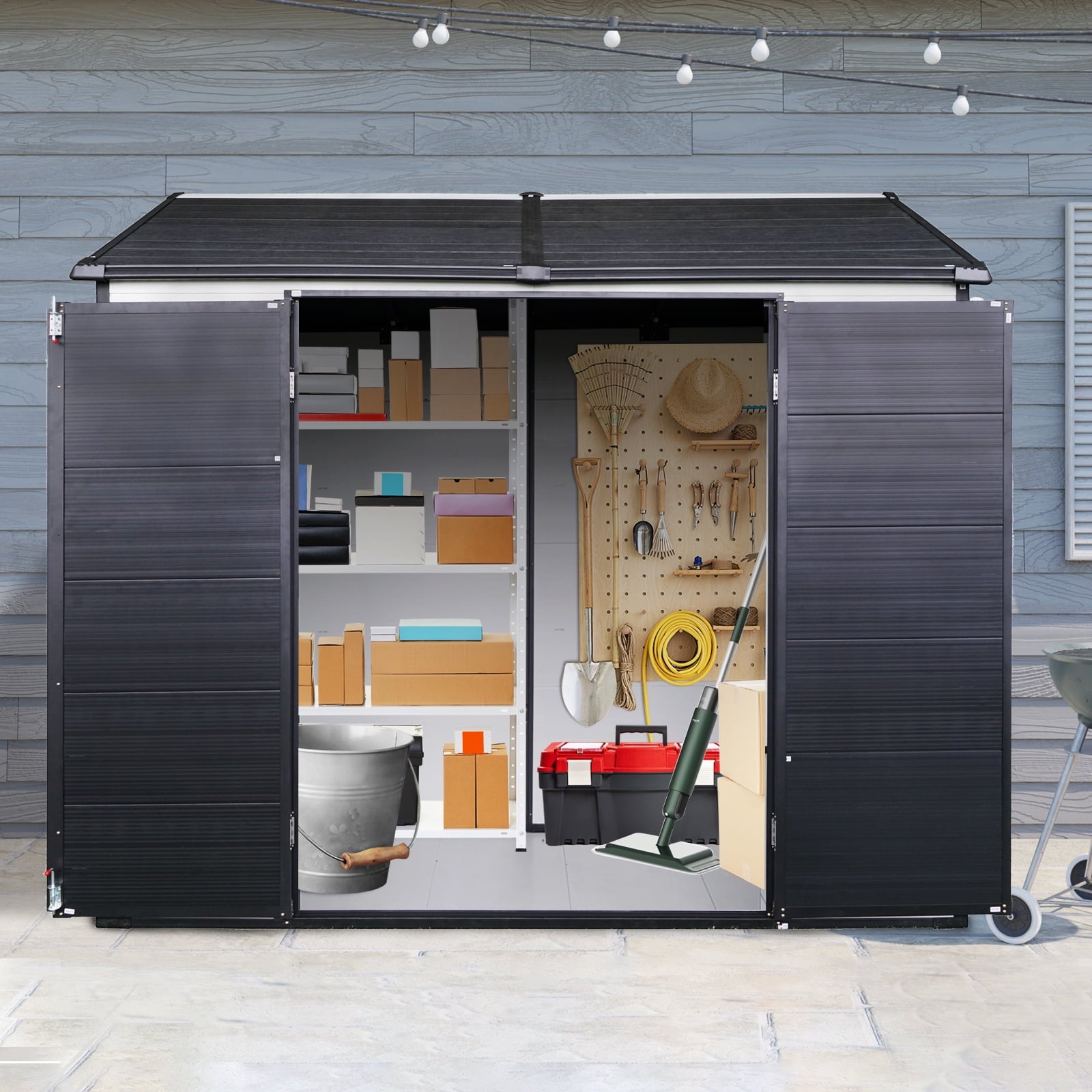 8x6 FT Outdoor Garden Storage Shed, Utility Tool Storage Shed With 2 Lockable Doors And 2 Windows, House Garden Tool Storage Shed for Outdoor, Patio, Garden