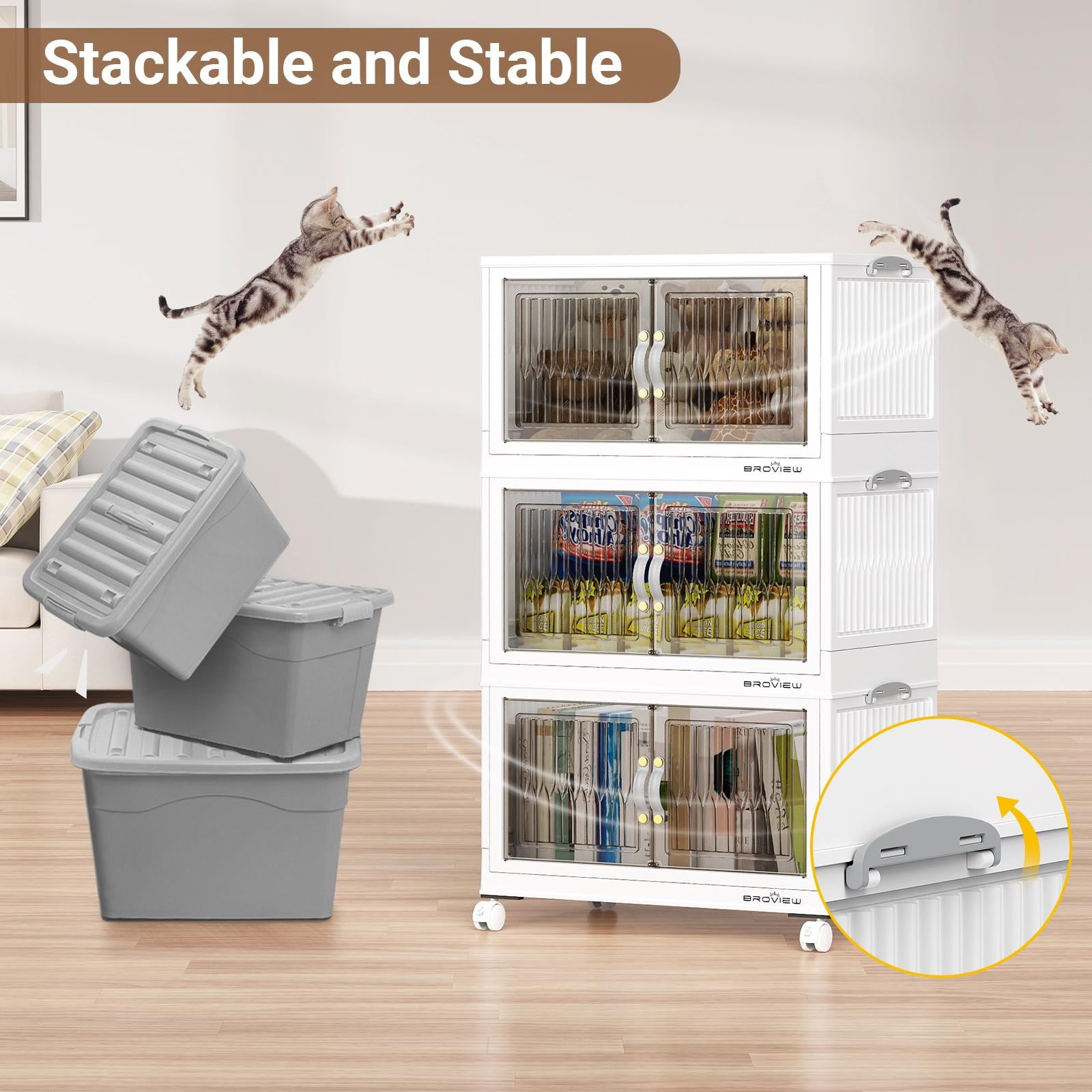 BROVIEW 100Gal Large Storage Bins with Lid, 400Qt Plastic Stackable Closet Organizer and Storage, Collapsible Storage Box with Wheels, Folding Storage Cabinet Containers for Home Office, 5Pack White