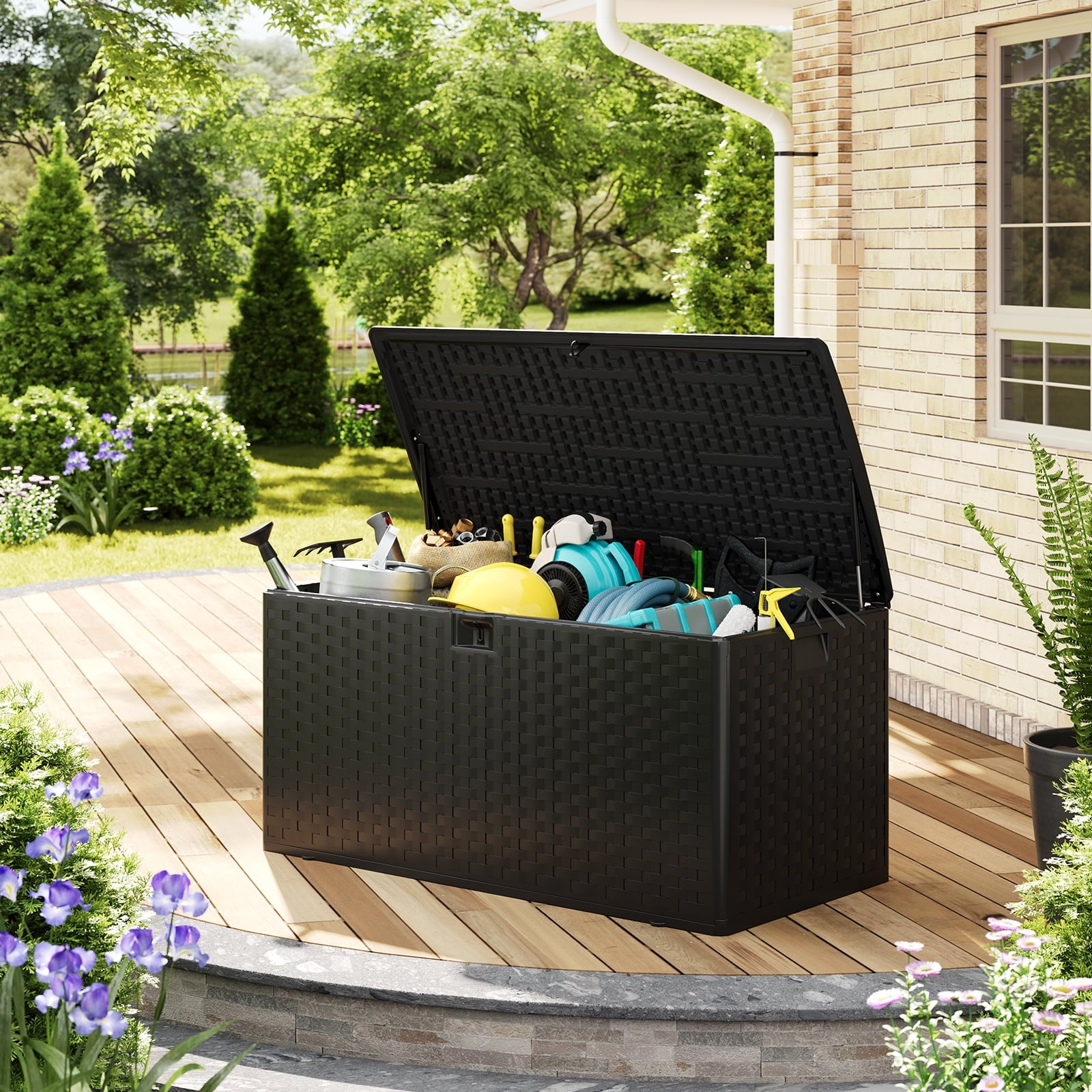 Ataucjin 99 Gal Deck Box, 99 gal Resin Deck Box, Weather-Resistant Outdoor Storage Box with Lid, Lockable Storage Bin with Built-in Handle for Patio Furniture, Pool Accessories, Gardening Tool