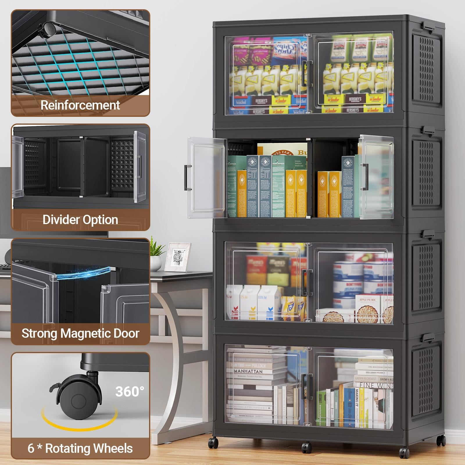 Broview 300Gal Extra Large Stackable Storage Bins with 2 Lids and 12 Wheels, 6Pack Plastic Bins with 6 Dividers, Closet Organizers and Storage Cabinet Shelves Collapsible Box for Home Office, Black