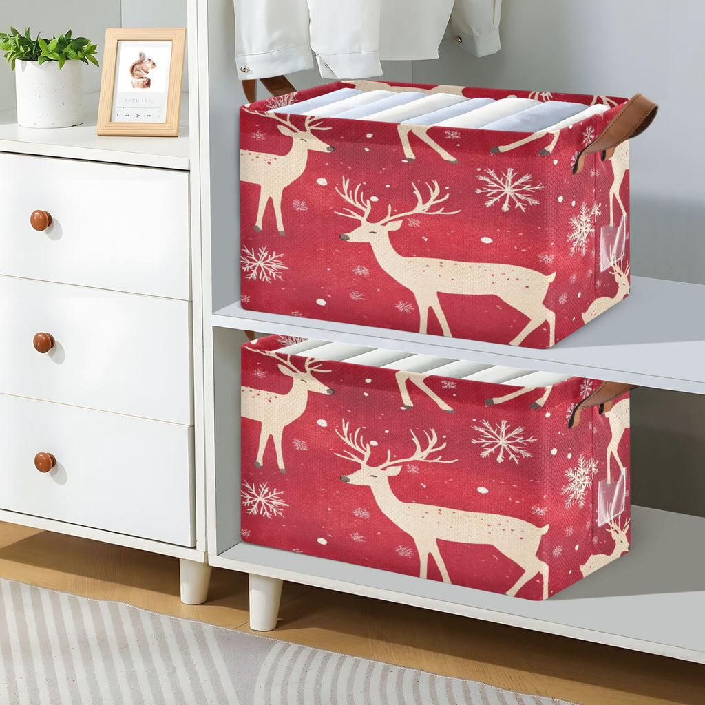 BZSMCE Collapsible Fabric Cube Storage Bins Gold Reindeer and Snowflake Adorable Snowman Design Pattern Storage Box