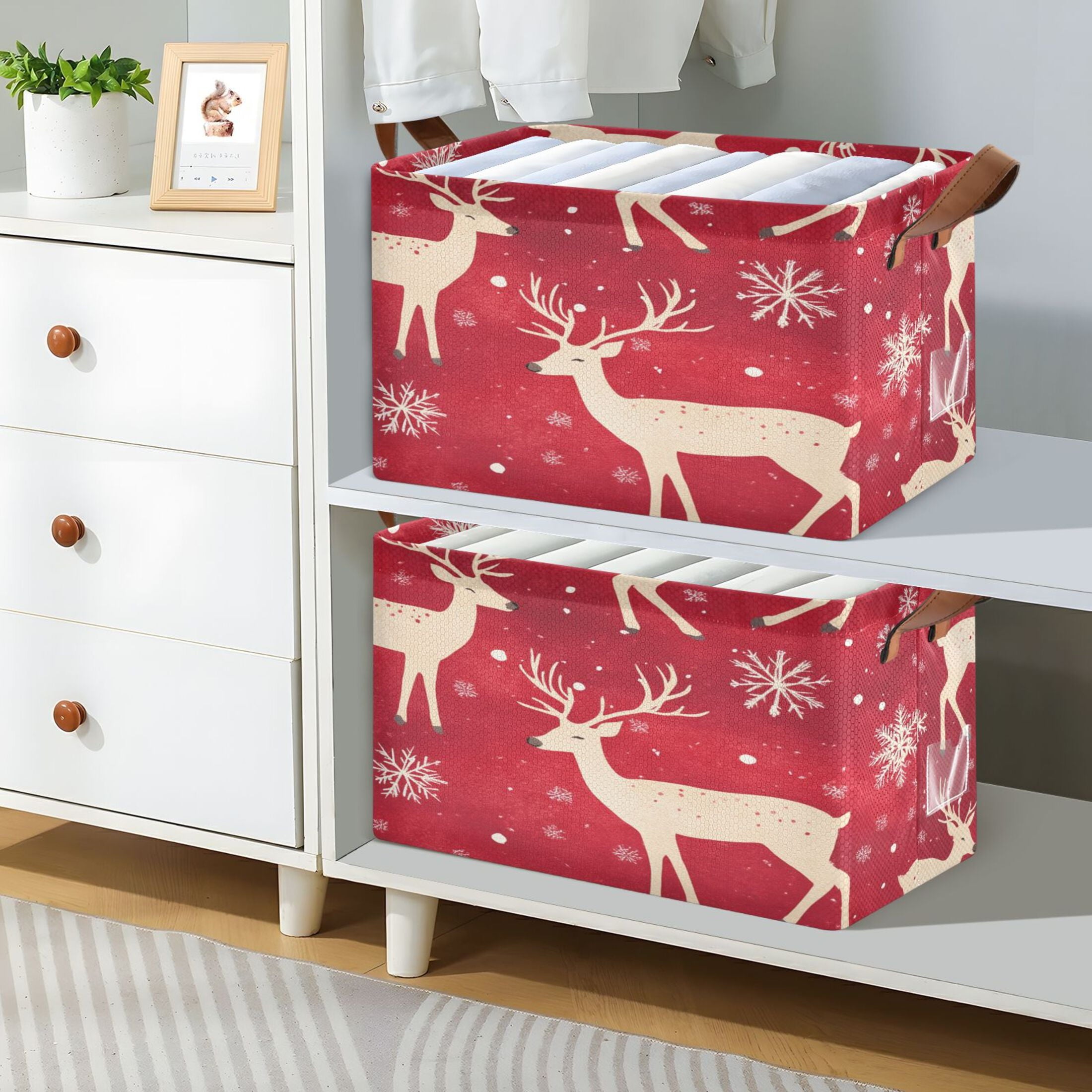 BZSMCE Collapsible Fabric Cube Storage Bins Gold Reindeer and Snowflake Adorable Snowman Design Pattern Storage Box