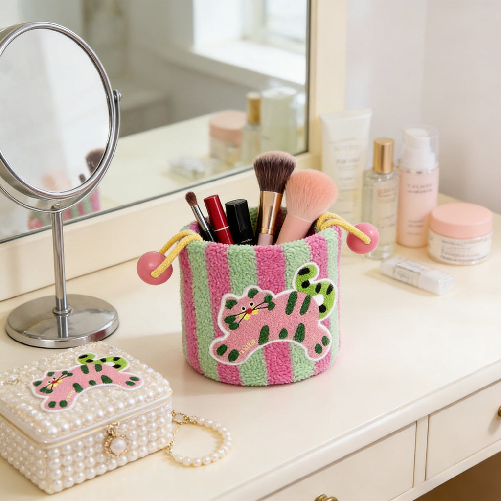 Cute Pink and Green Fabric Storage Basket, 8-Inch Cube Decorative Bin with Handles for Toys, Snacks, Desktop & Entryway Organization
